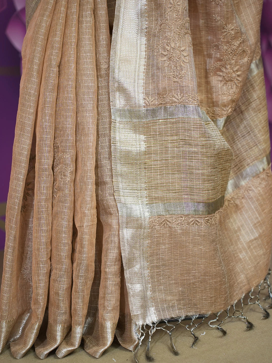 Ada Hand Embroidered Brown Tissue Lucknowi Chikankari Saree With Blouse 01A526562