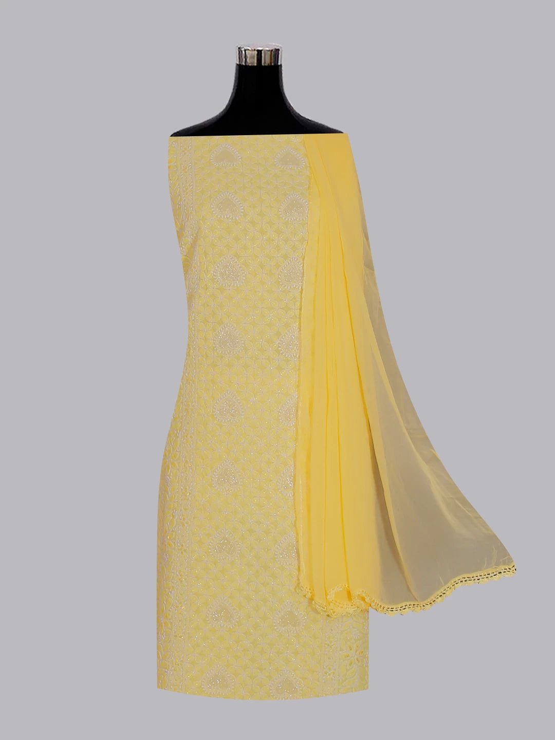 Ada Hand Embroidered Yellow Cotton Lucknowi Chikankari Unstitched Suit Piece With Muqaish Work 01A497460
