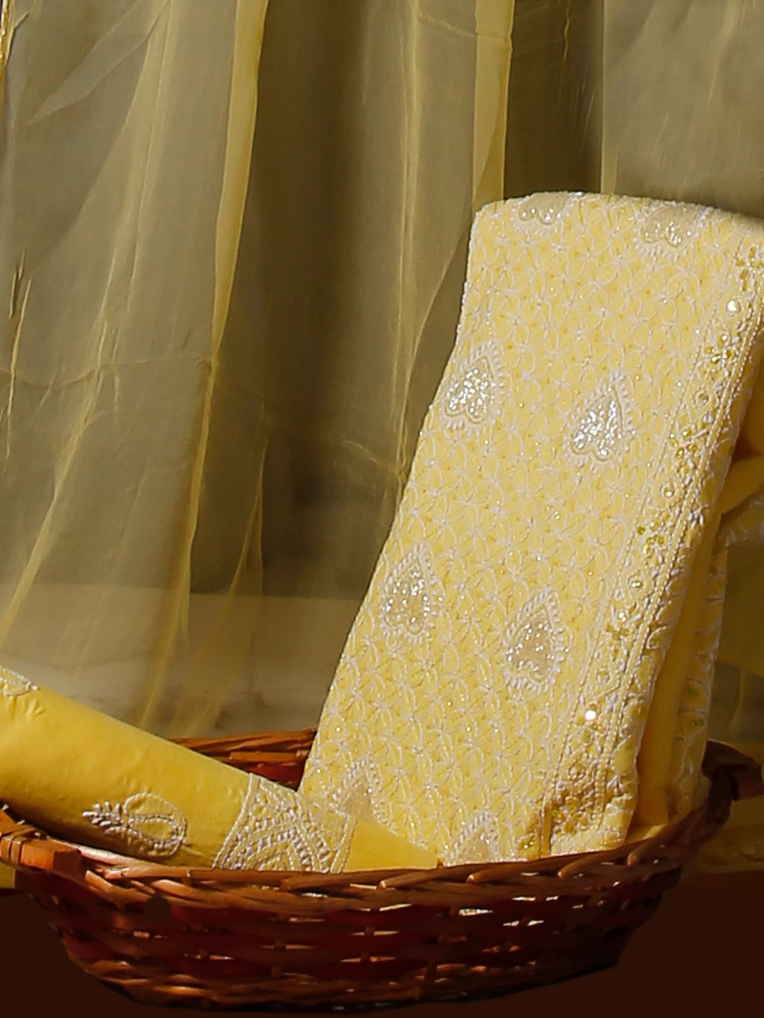 Ada Hand Embroidered Yellow Cotton Lucknowi Chikankari Unstitched Suit Piece With Muqaish Work 01A497460