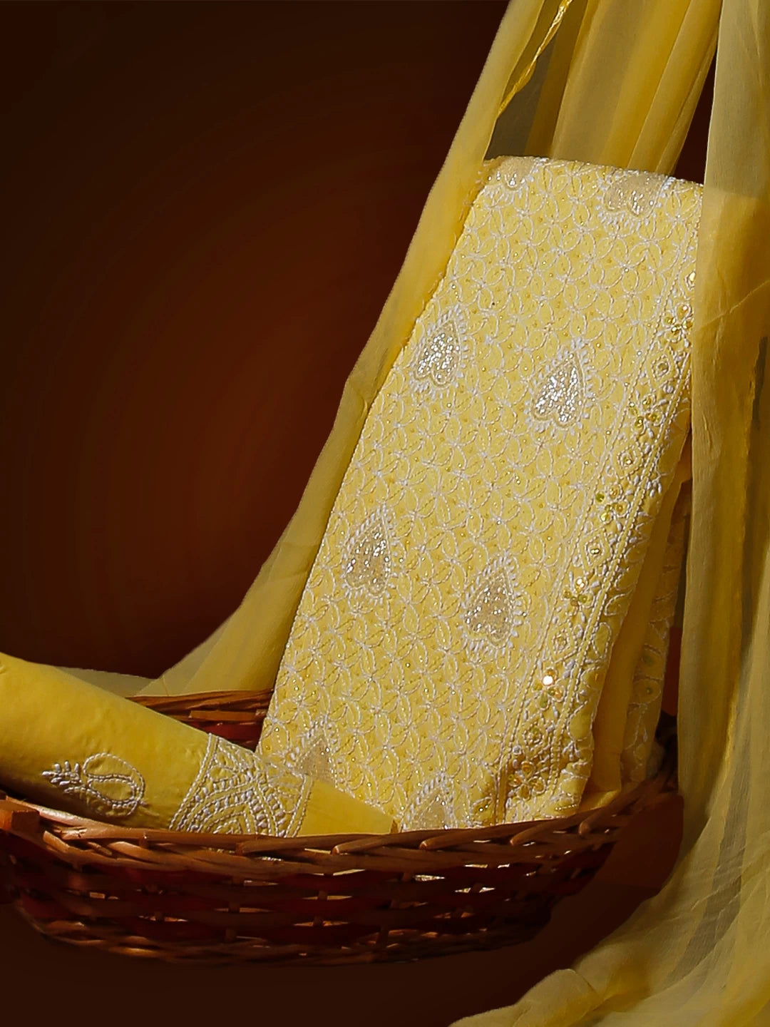 Ada Hand Embroidered Yellow Cotton Lucknowi Chikankari Unstitched Suit Piece With Muqaish Work 01A497460
