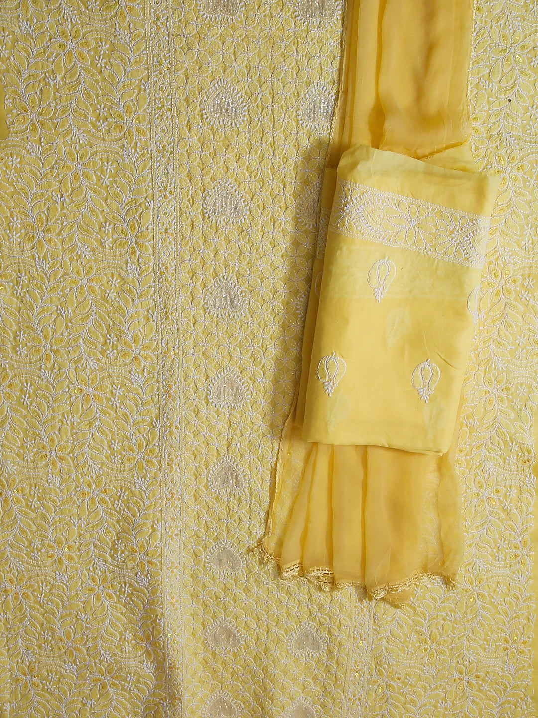 Ada Hand Embroidered Yellow Cotton Lucknowi Chikankari Unstitched Suit Piece With Muqaish Work 01A497460