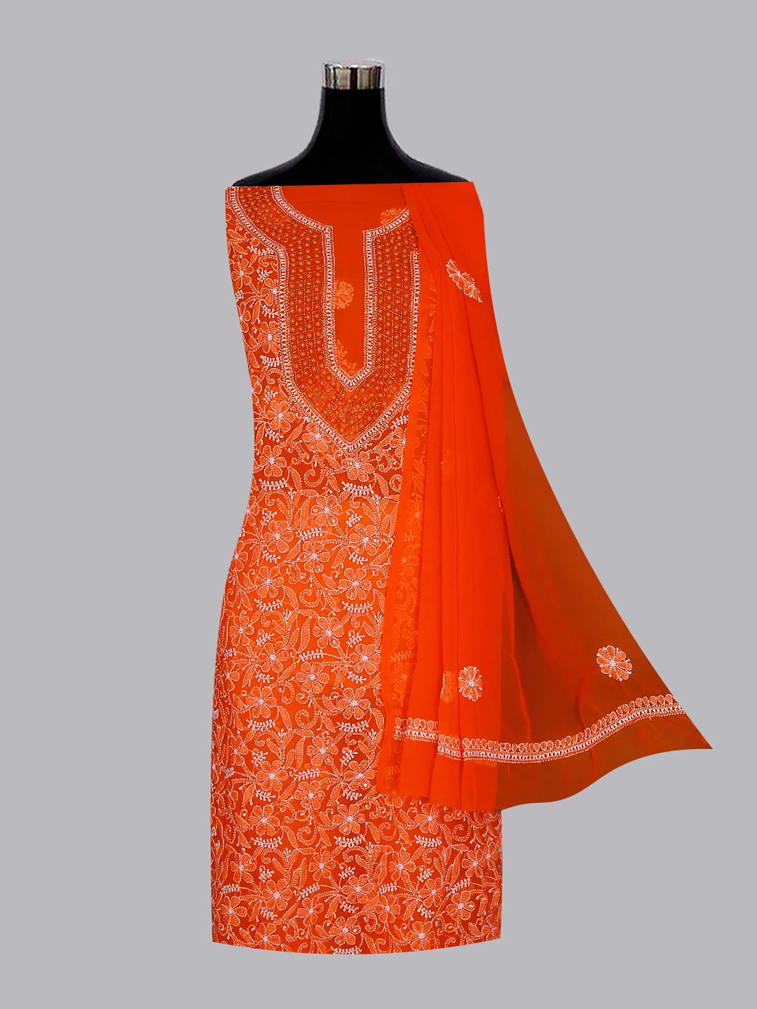 Ada Hand Embroidered Orange Georgette Lucknowi Chikankari Unstitched Suit Piece With Pearl Work 01A530661