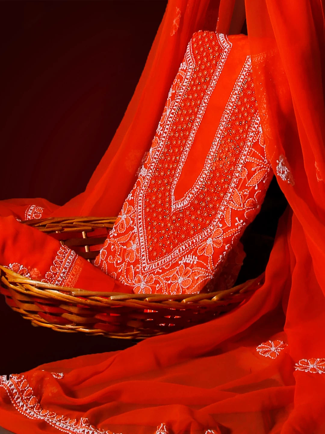 Ada Hand Embroidered Orange Georgette Lucknowi Chikankari Unstitched Suit Piece With Pearl Work 01A530661