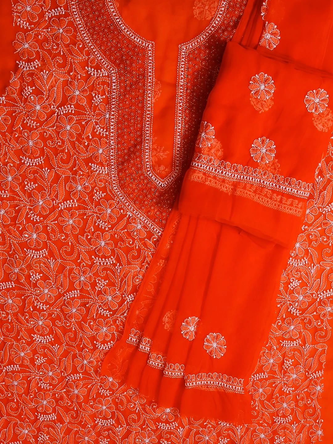 Ada Hand Embroidered Orange Georgette Lucknowi Chikankari Unstitched Suit Piece With Pearl Work 01A530661
