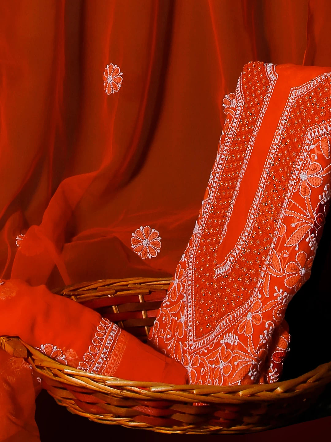 Ada Hand Embroidered Orange Georgette Lucknowi Chikankari Unstitched Suit Piece With Pearl Work 01A530661