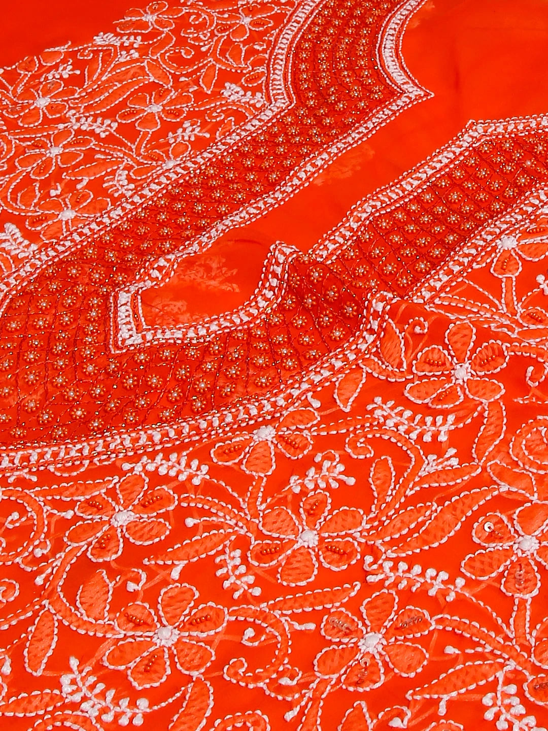 Ada Hand Embroidered Orange Georgette Lucknowi Chikankari Unstitched Suit Piece With Pearl Work 01A530661