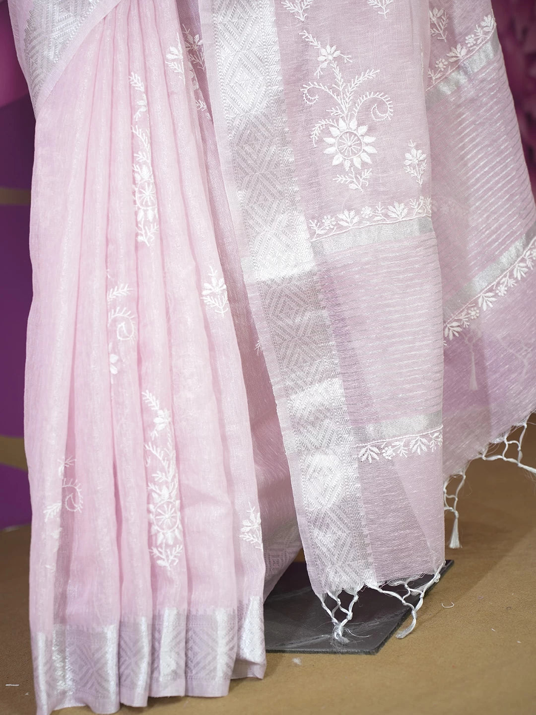 Ada Hand Embroidered Flamingo Pink Tissue Lucknowi Chikankari Saree With Blouse 01A526533