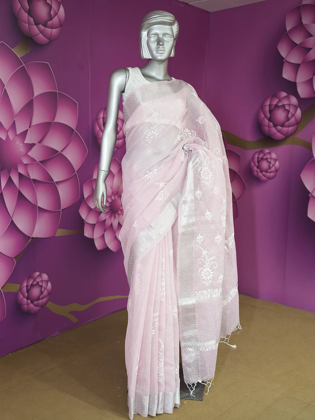 Ada Hand Embroidered Flamingo Pink Tissue Lucknowi Chikankari Saree With Blouse 01A526533