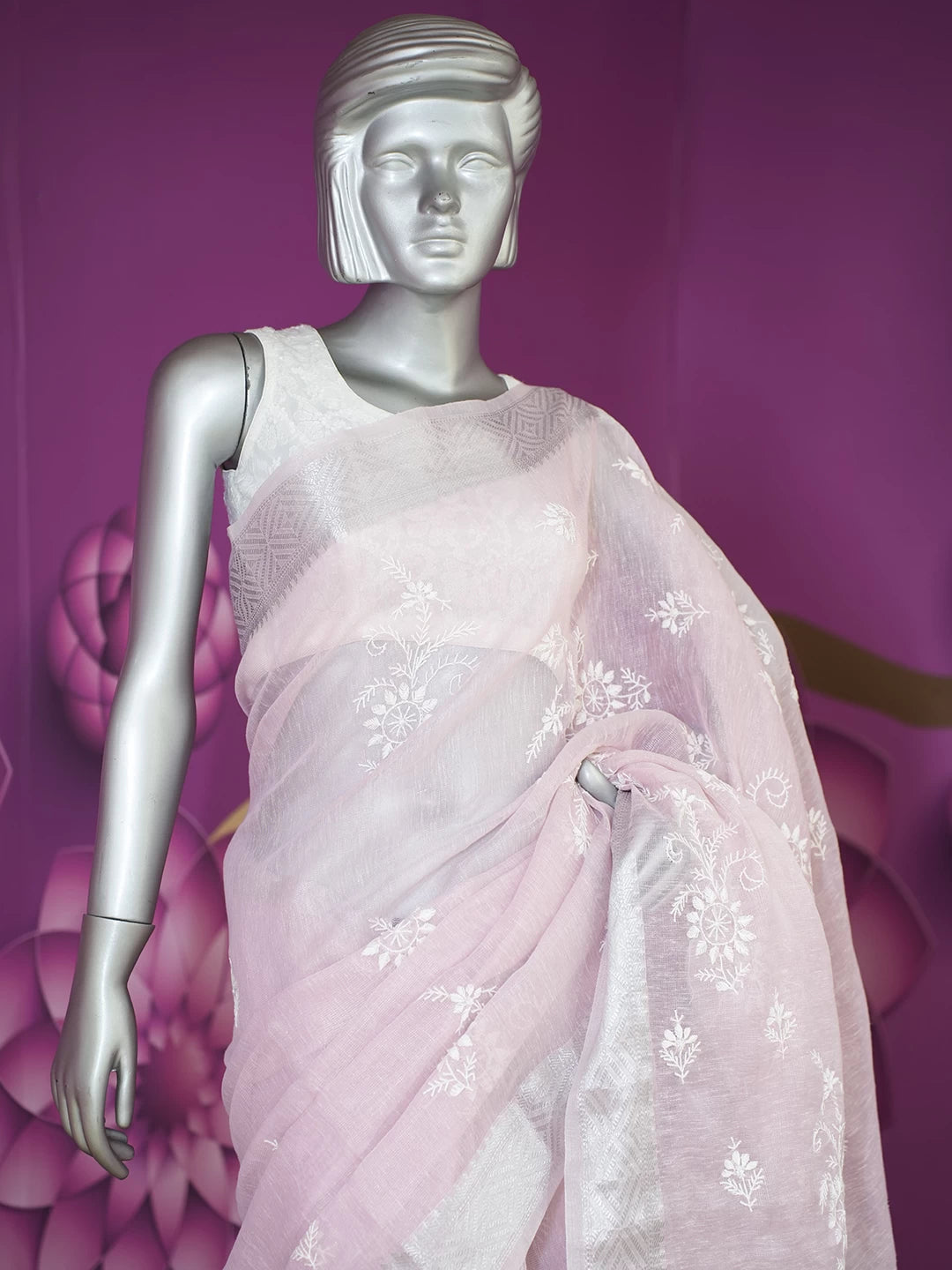 Ada Hand Embroidered Flamingo Pink Tissue Lucknowi Chikankari Saree With Blouse 01A526533