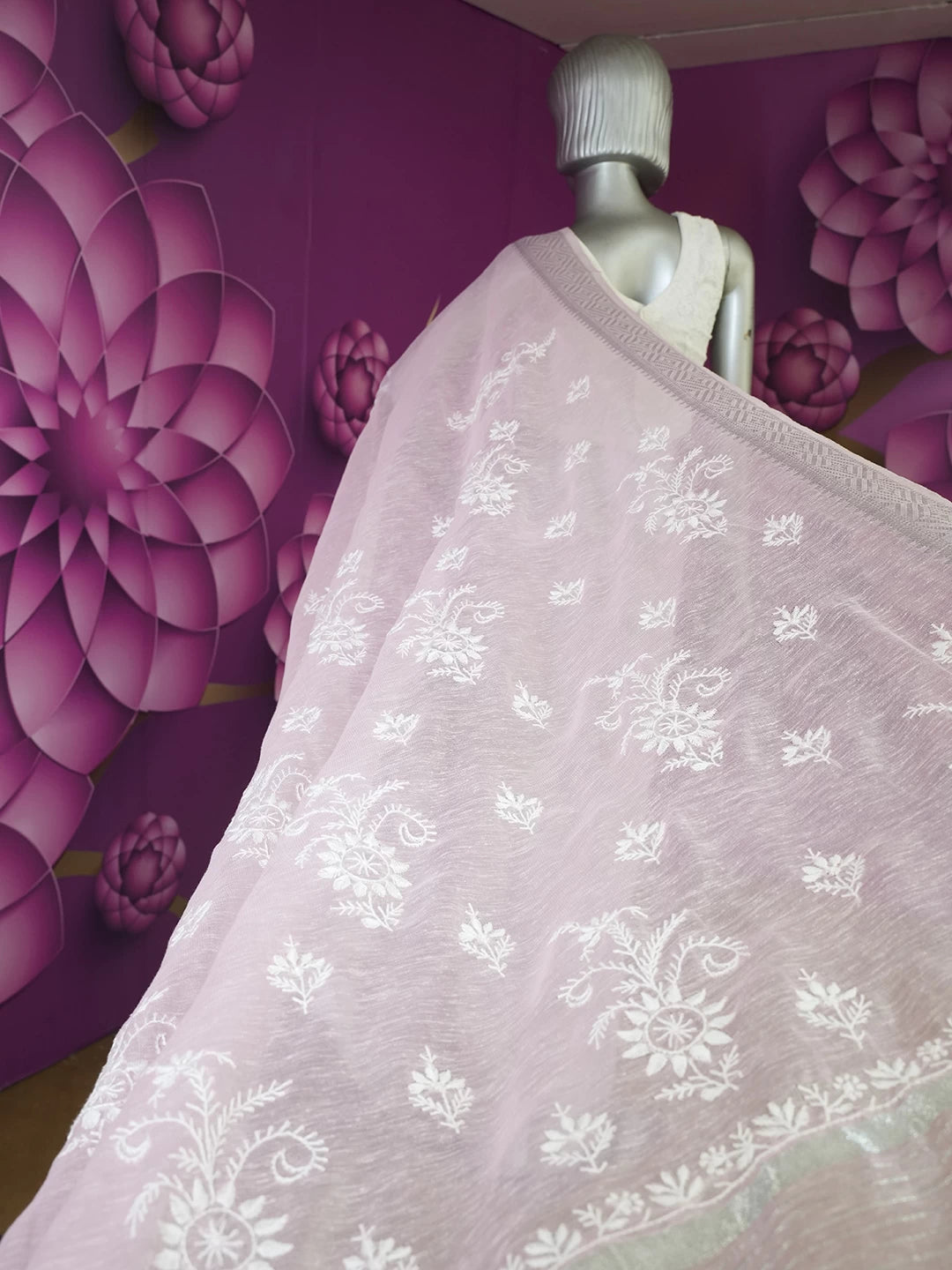 Ada Hand Embroidered Flamingo Pink Tissue Lucknowi Chikankari Saree With Blouse 01A526533