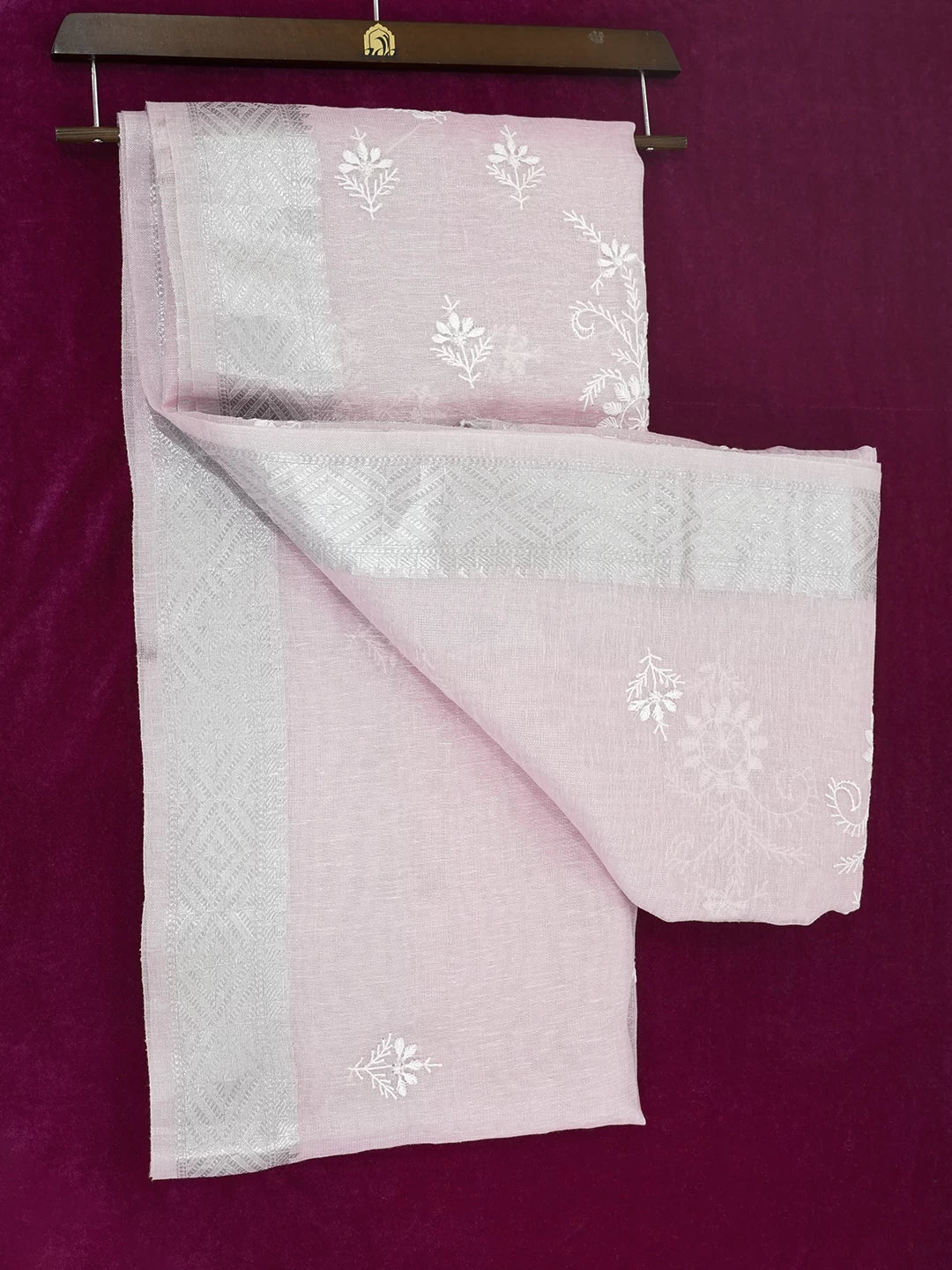 Ada Hand Embroidered Flamingo Pink Tissue Lucknowi Chikankari Saree With Blouse 01A526533