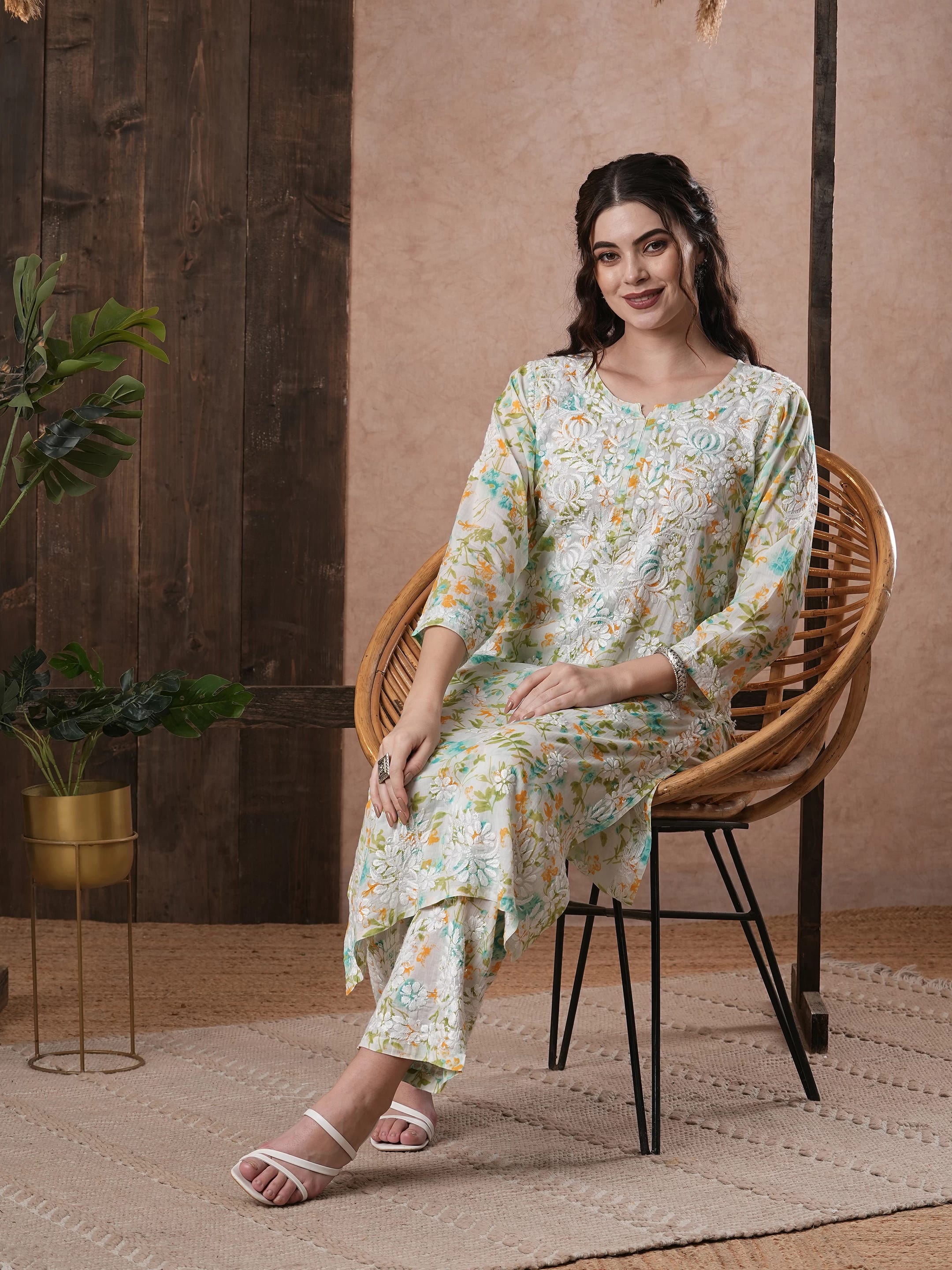 Ada Hand Embroidered White cotton Lucknowi Chikankari Co-Ord Set A811244