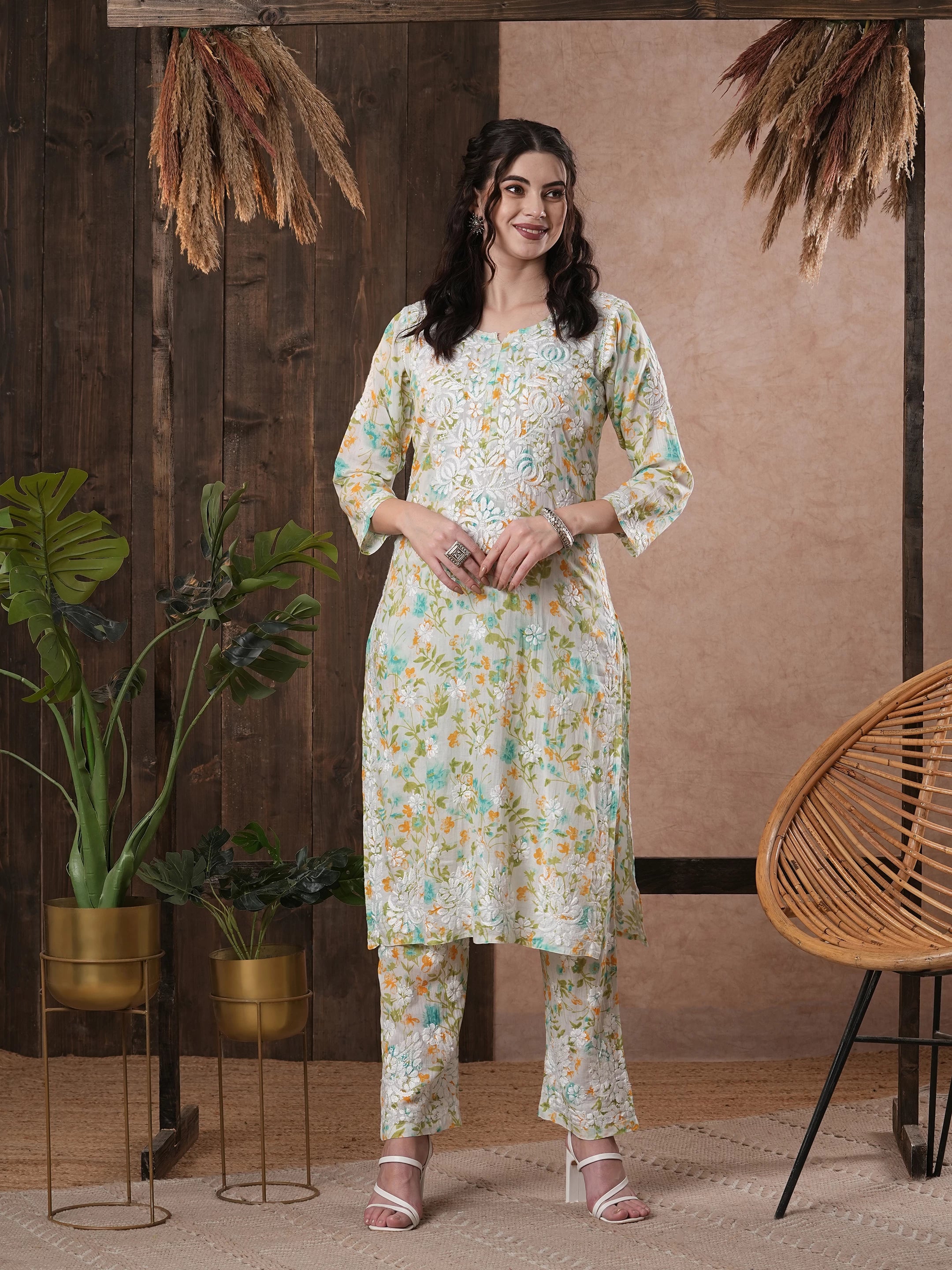Ada Hand Embroidered White cotton Lucknowi Chikankari Co-Ord Set A811244