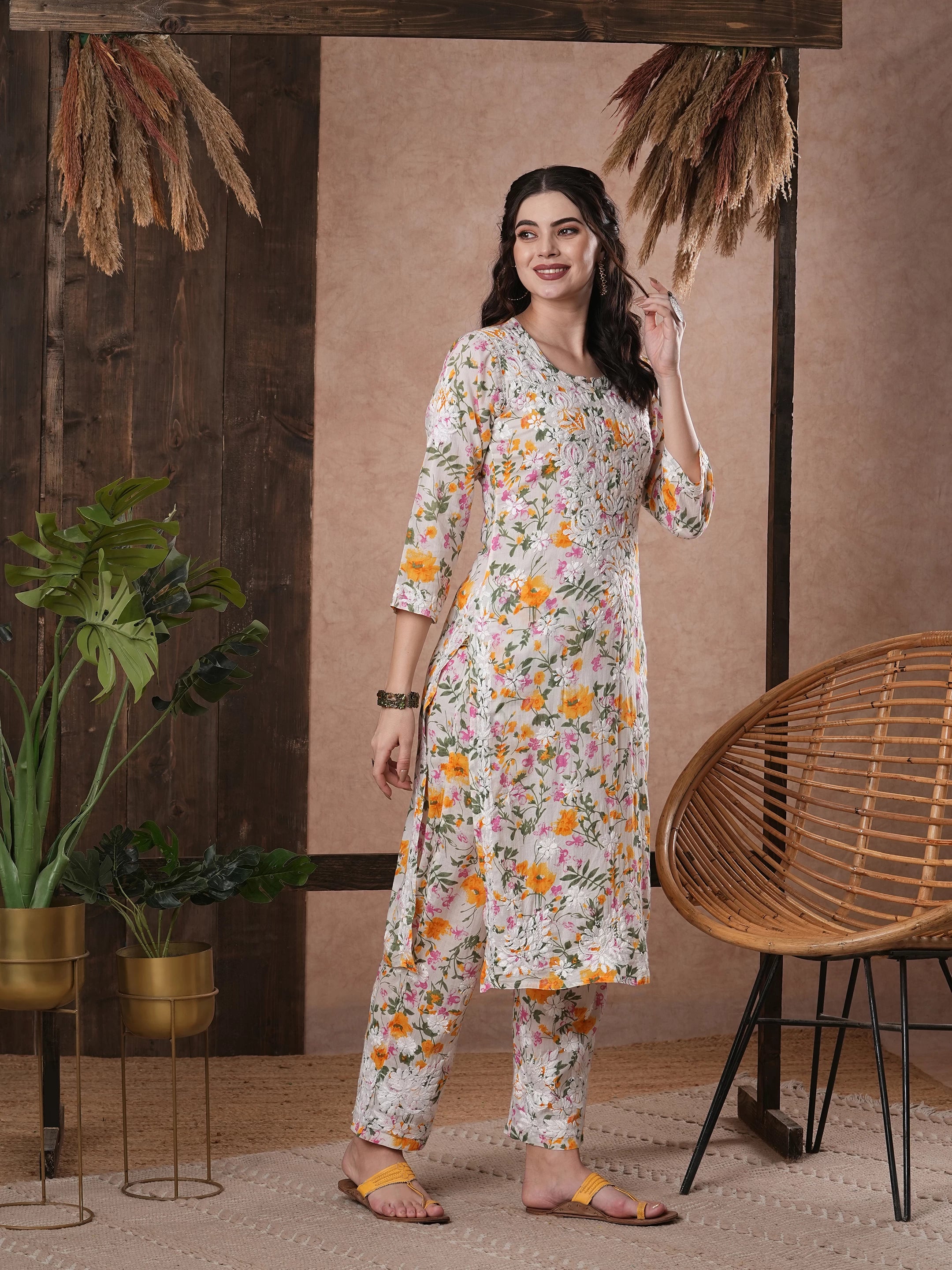 Ada Hand Embroidered white cotton Lucknowi Chikankari Co-Ord Set A811247