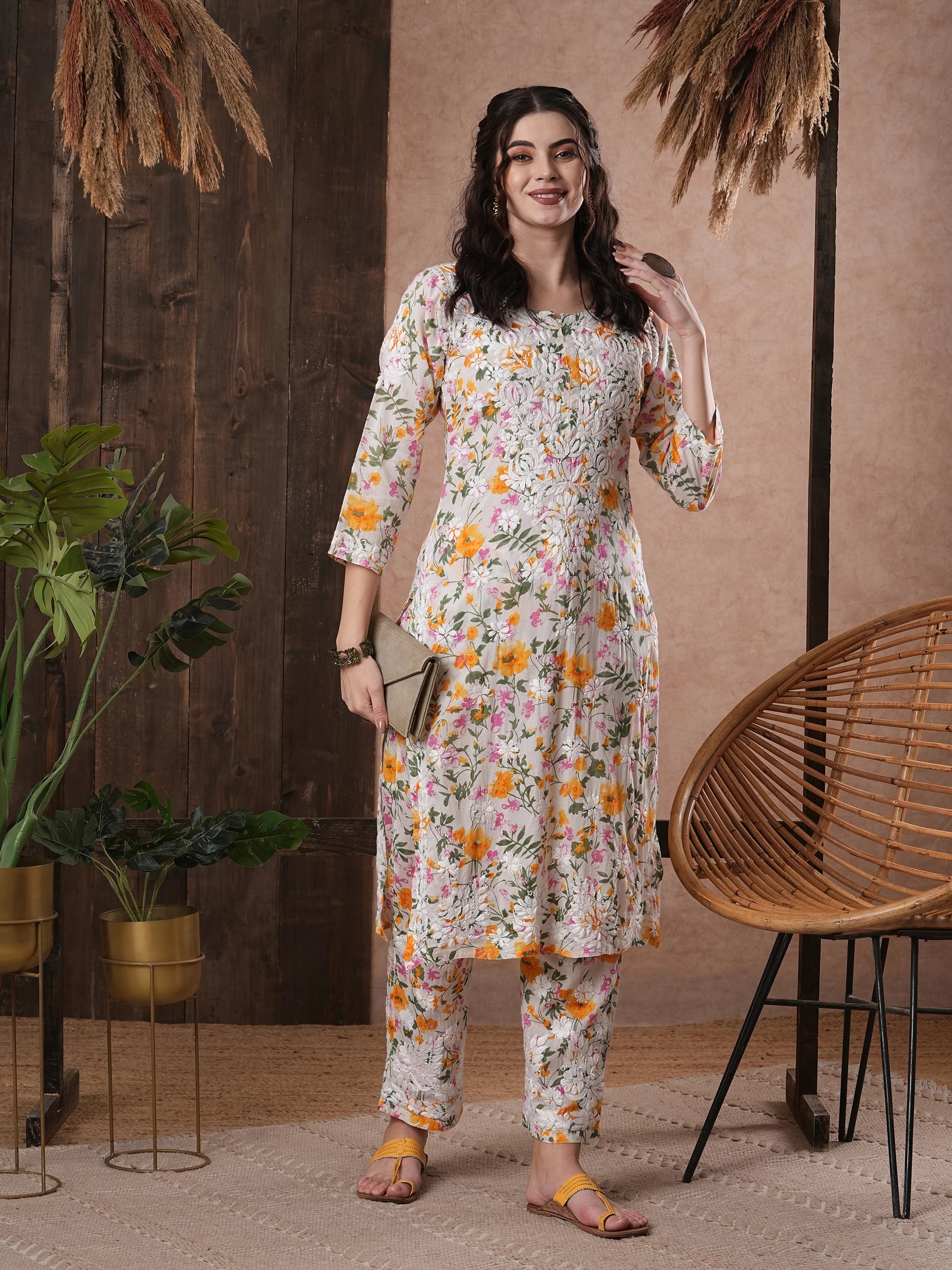Ada Hand Embroidered white cotton Lucknowi Chikankari Co-Ord Set A811247