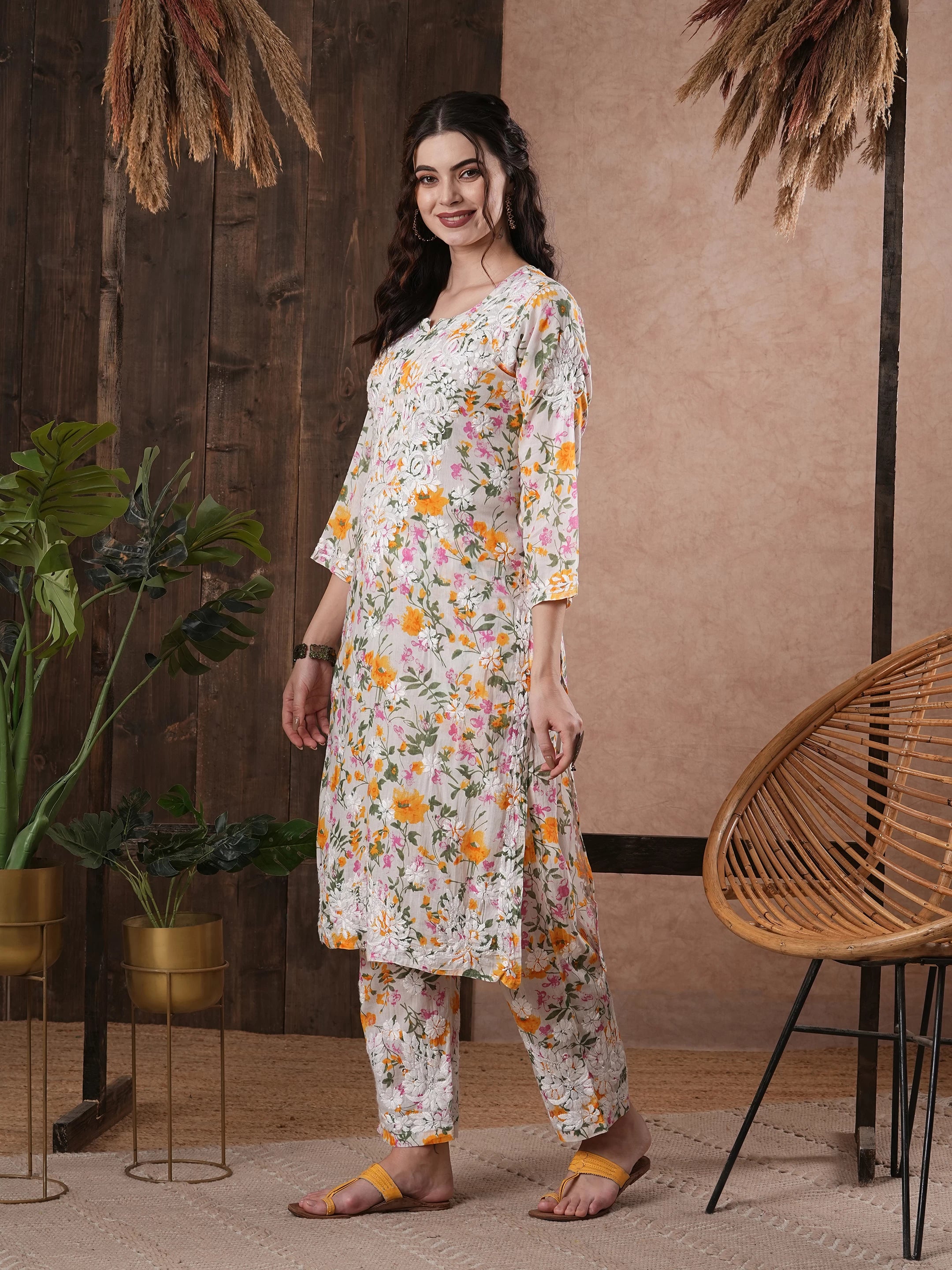 Ada Hand Embroidered white cotton Lucknowi Chikankari Co-Ord Set A811247