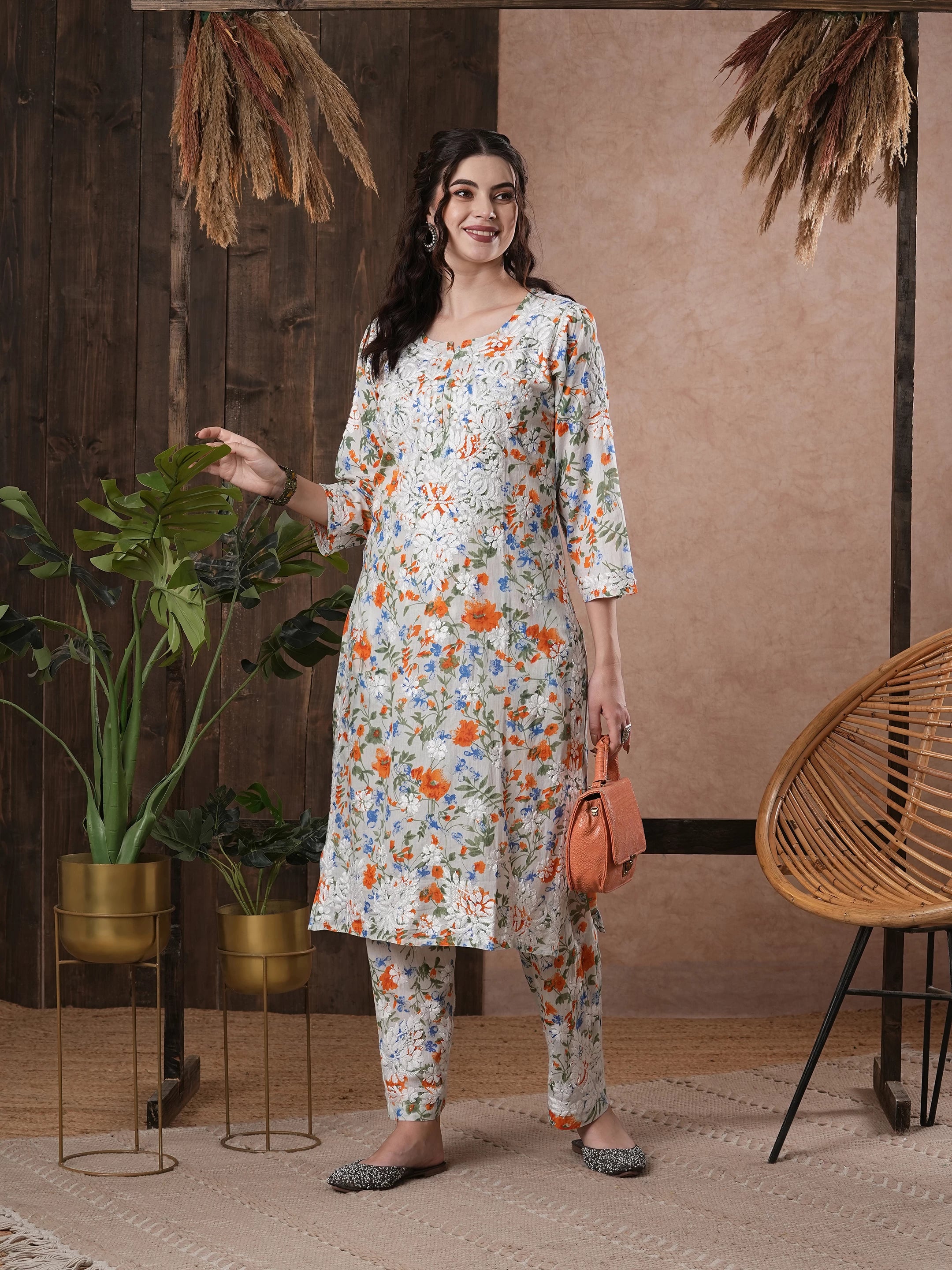 Ada Hand Embroidered White cotton Lucknowi Chikankari Co-Ord Set A811245