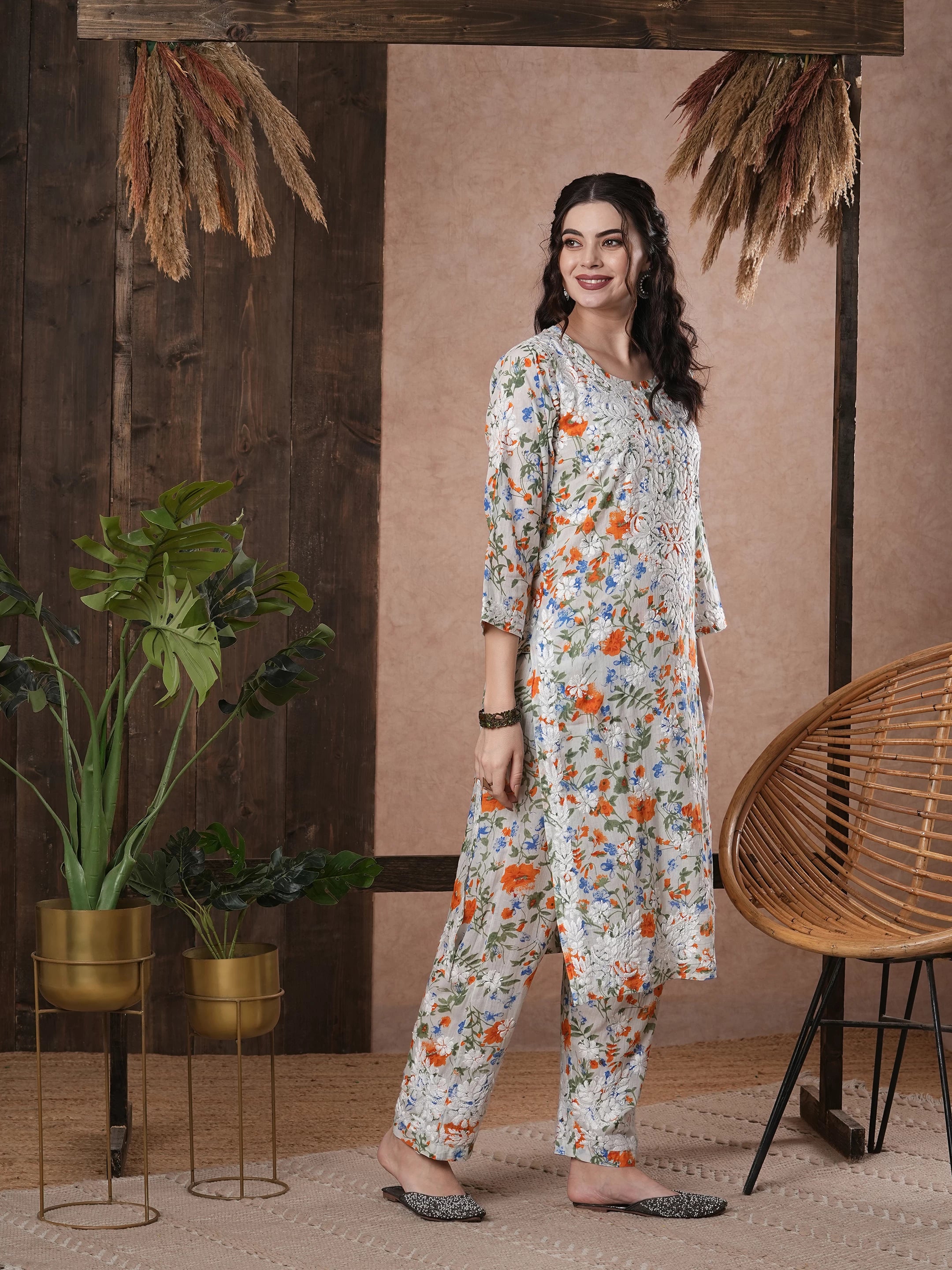 Ada Hand Embroidered White cotton Lucknowi Chikankari Co-Ord Set A811245