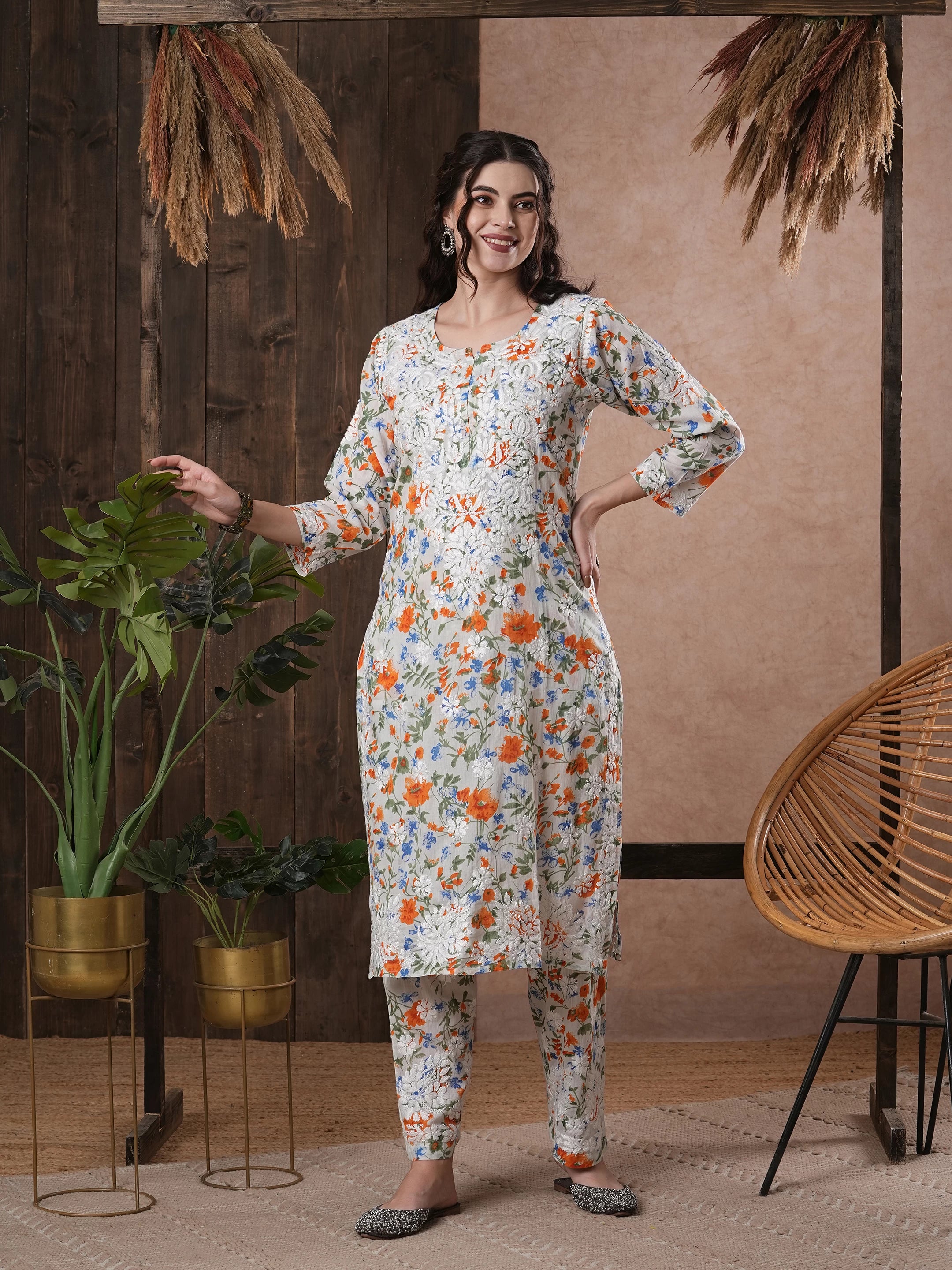 Ada Hand Embroidered White cotton Lucknowi Chikankari Co-Ord Set A811245