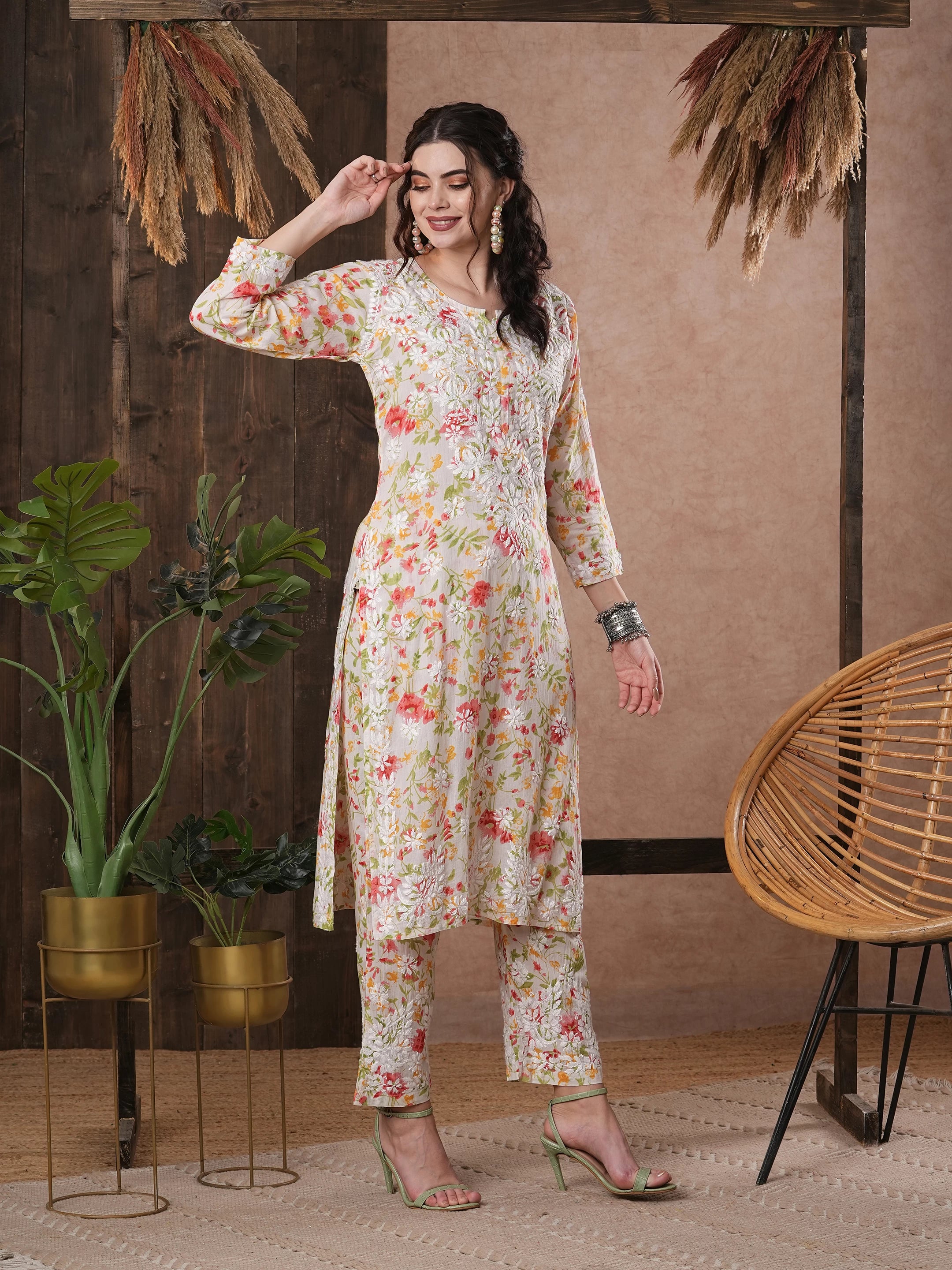 Ada Hand Embroidered white cotton Lucknowi Chikankari Co-Ord Set A811246