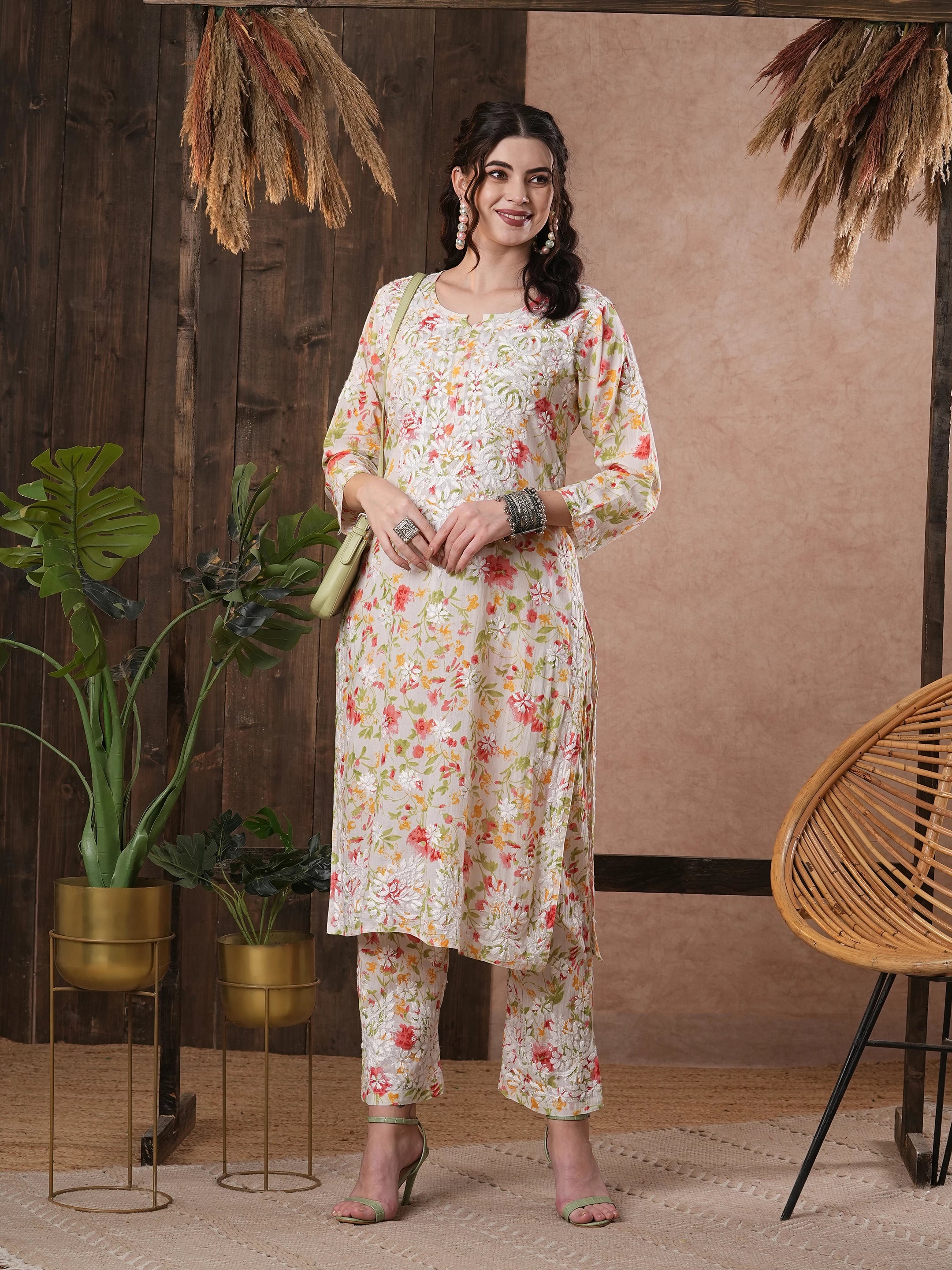 Ada Hand Embroidered white cotton Lucknowi Chikankari Co-Ord Set A811246