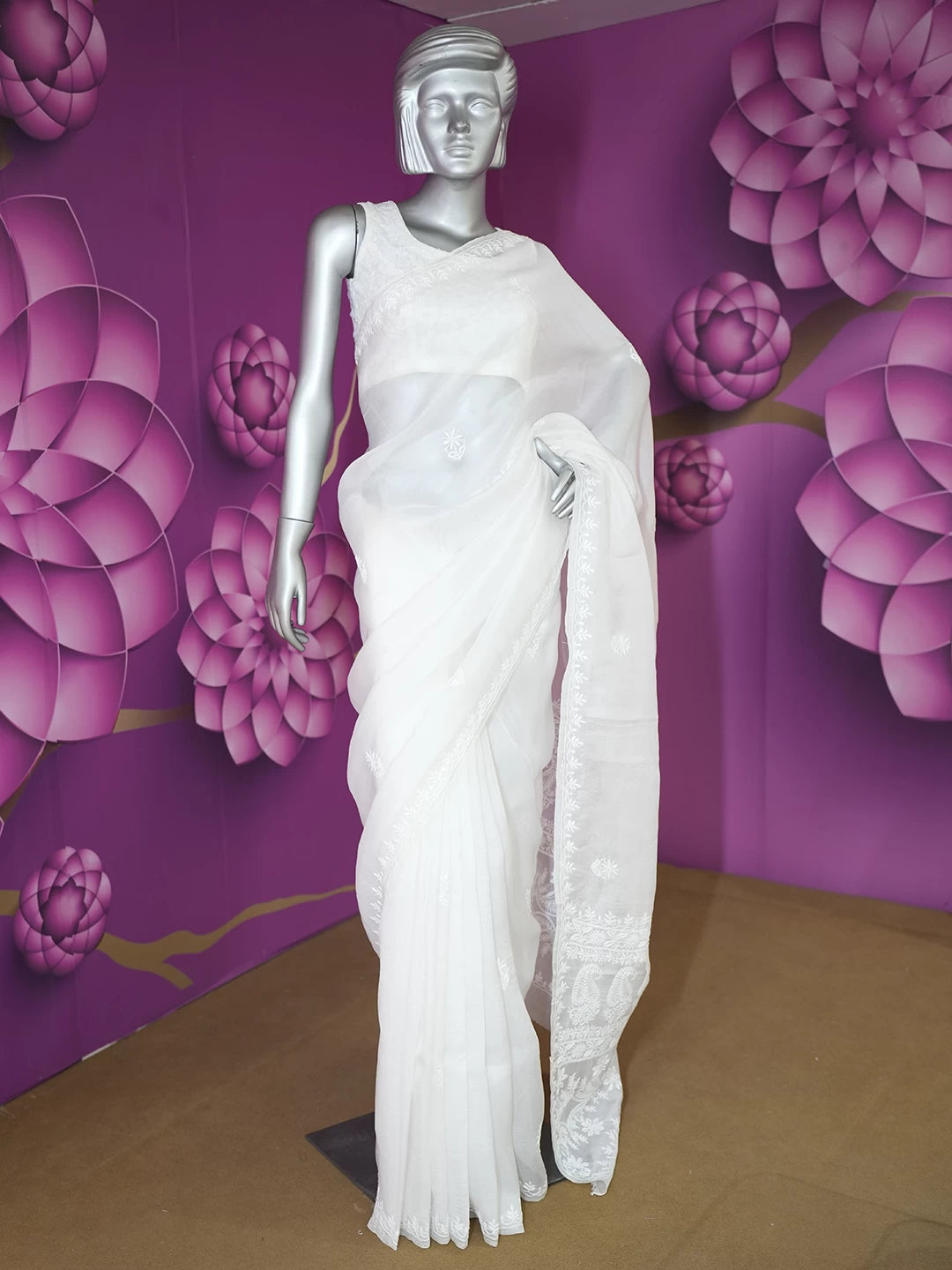 Ada Hand Embroidered Snow White Organza Lucknowi Chikankari Saree With Blouse 01A532230
