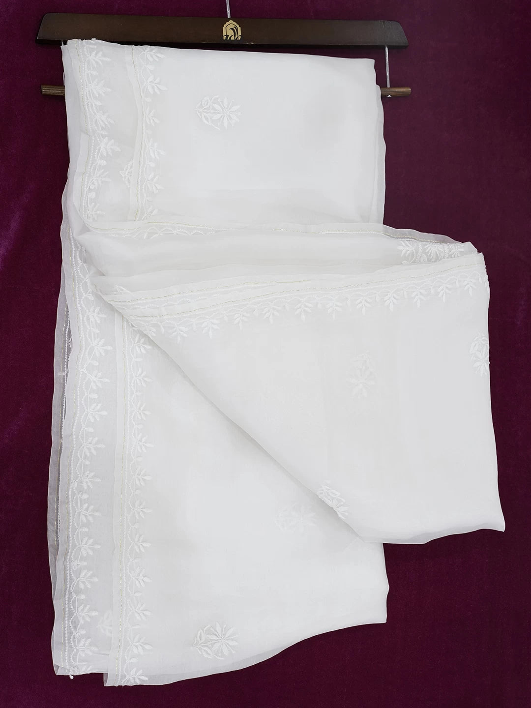 Ada Hand Embroidered Snow White Organza Lucknowi Chikankari Saree With Blouse 01A532230