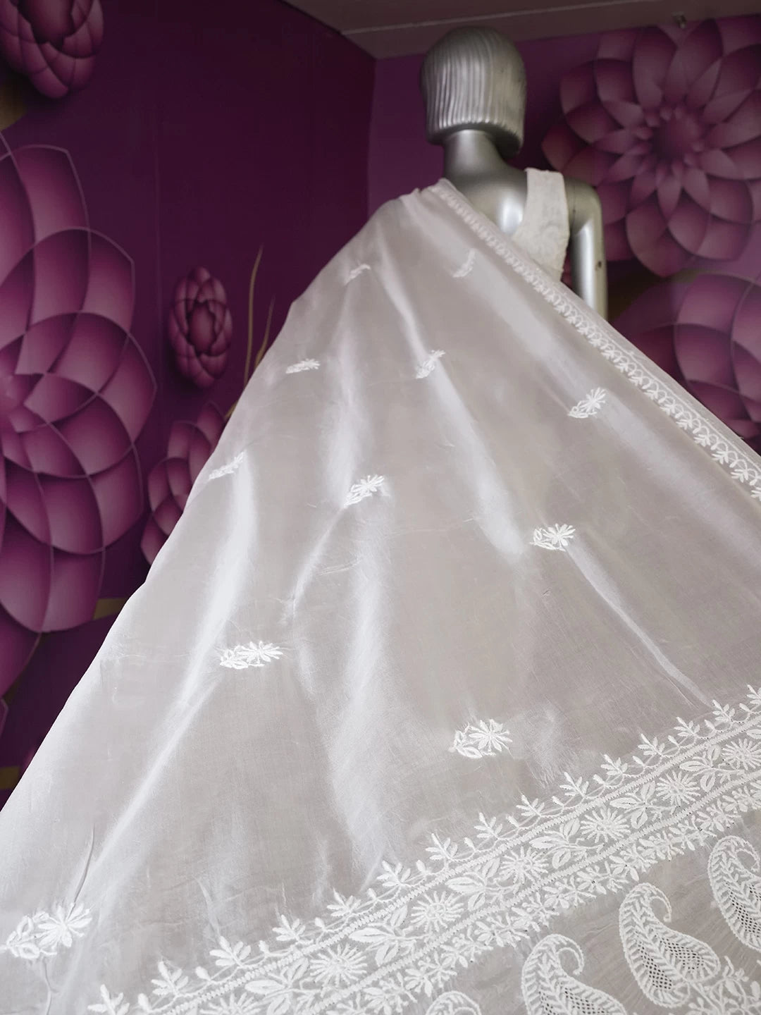 Ada Hand Embroidered Snow White Organza Lucknowi Chikankari Saree With Blouse 01A532230