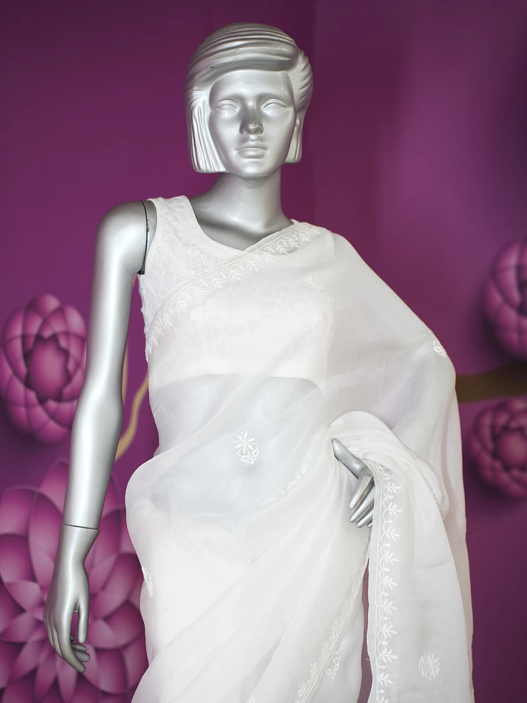 Ada Hand Embroidered Snow White Organza Lucknowi Chikankari Saree With Blouse 01A532230