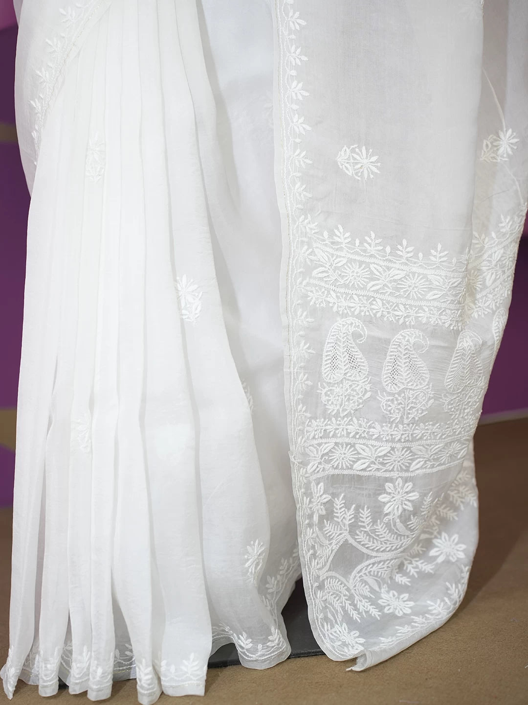 Ada Hand Embroidered Snow White Organza Lucknowi Chikankari Saree With Blouse 01A532230
