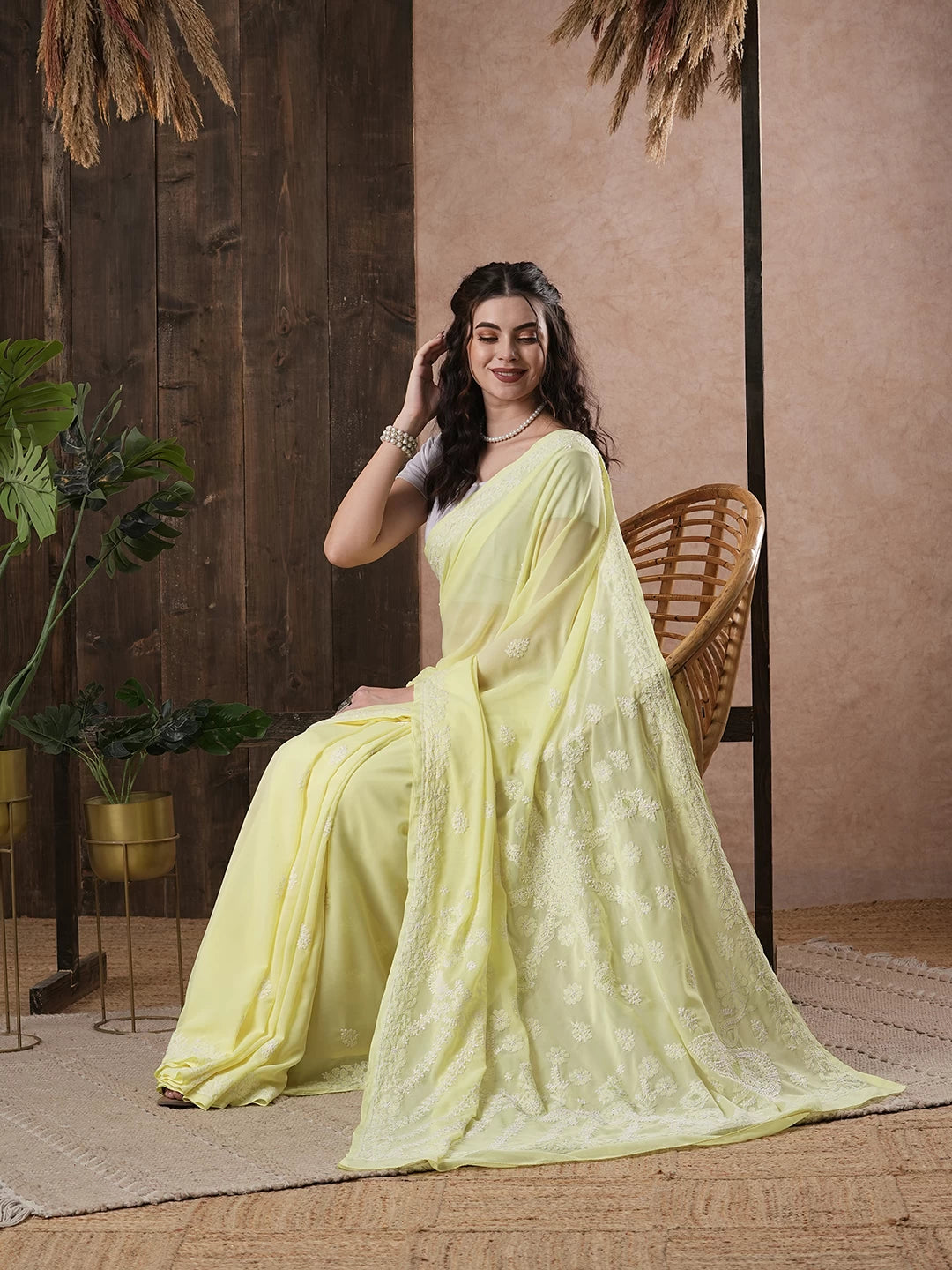 Ada Hand Embroidered Lemon Georgette Lucknowi Chikankari Saree With Blouse A130249