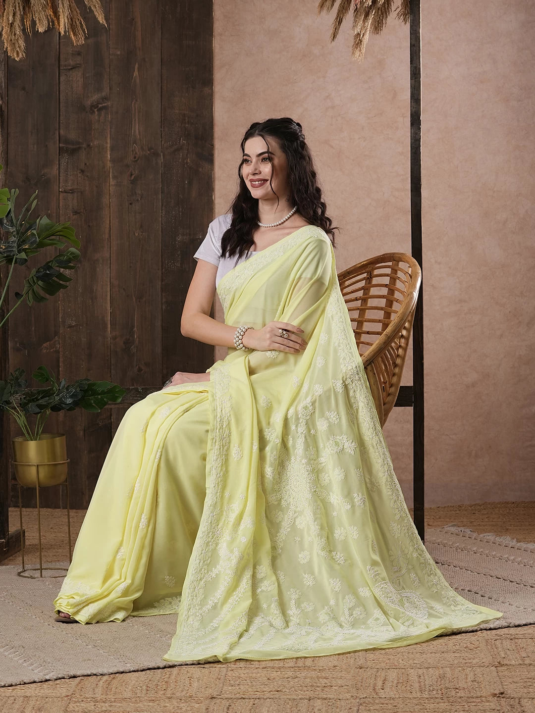 Ada Hand Embroidered Lemon Georgette Lucknowi Chikankari Saree With Blouse A130249