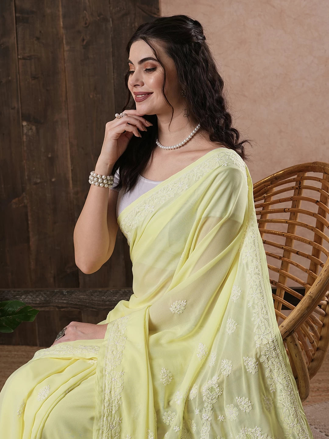 Ada Hand Embroidered Lemon Georgette Lucknowi Chikankari Saree With Blouse A130249