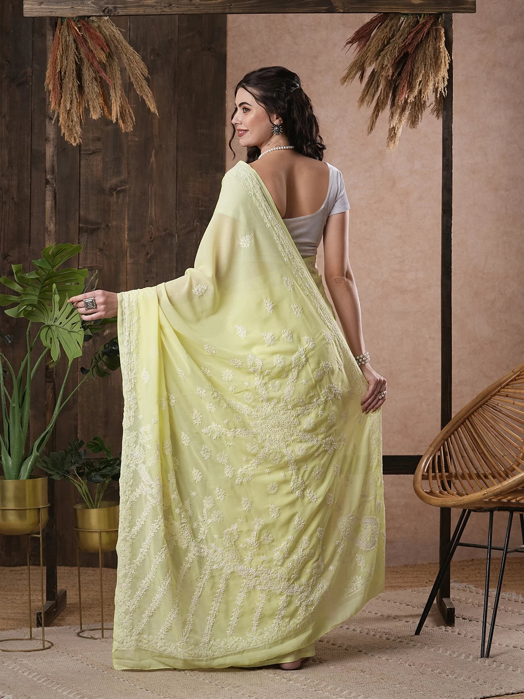 Ada Hand Embroidered Lemon Georgette Lucknowi Chikankari Saree With Blouse A130249