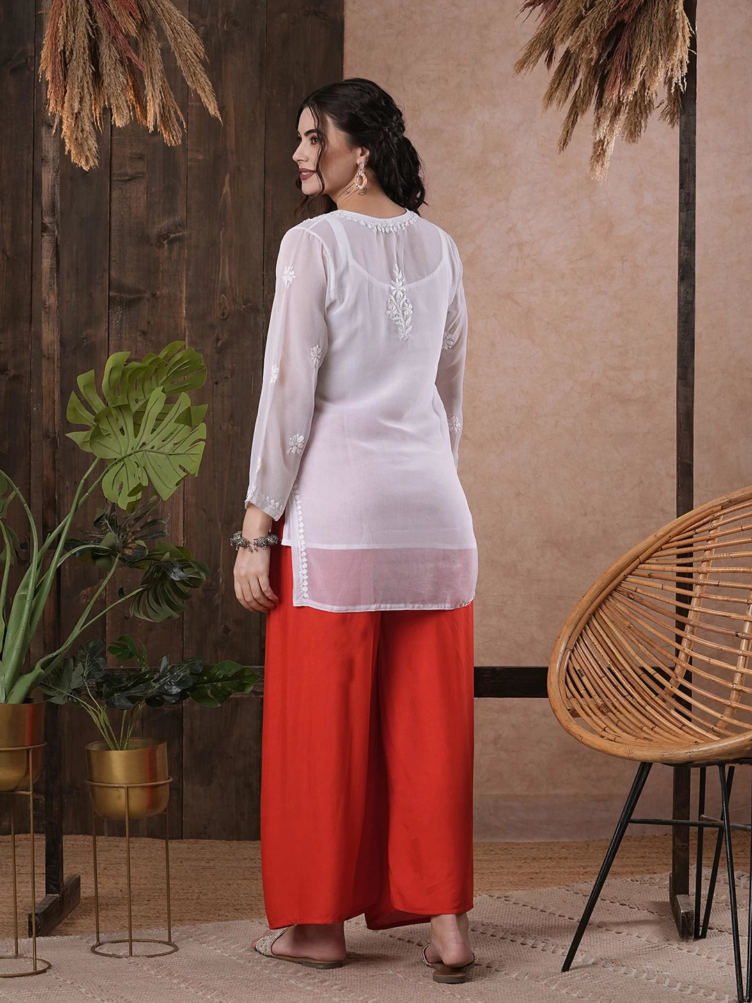 Ada Hand Embroidered White Georgette Lucknowi Chikankari Straight Kurti with Slip A911300