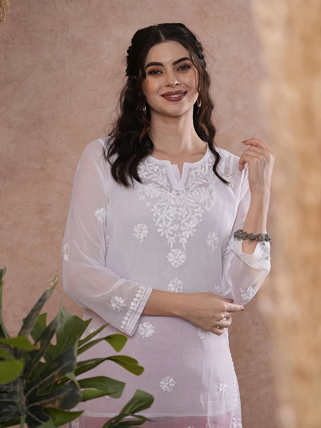 Ada Hand Embroidered White Georgette Lucknowi Chikankari Straight Kurti with Slip A911300
