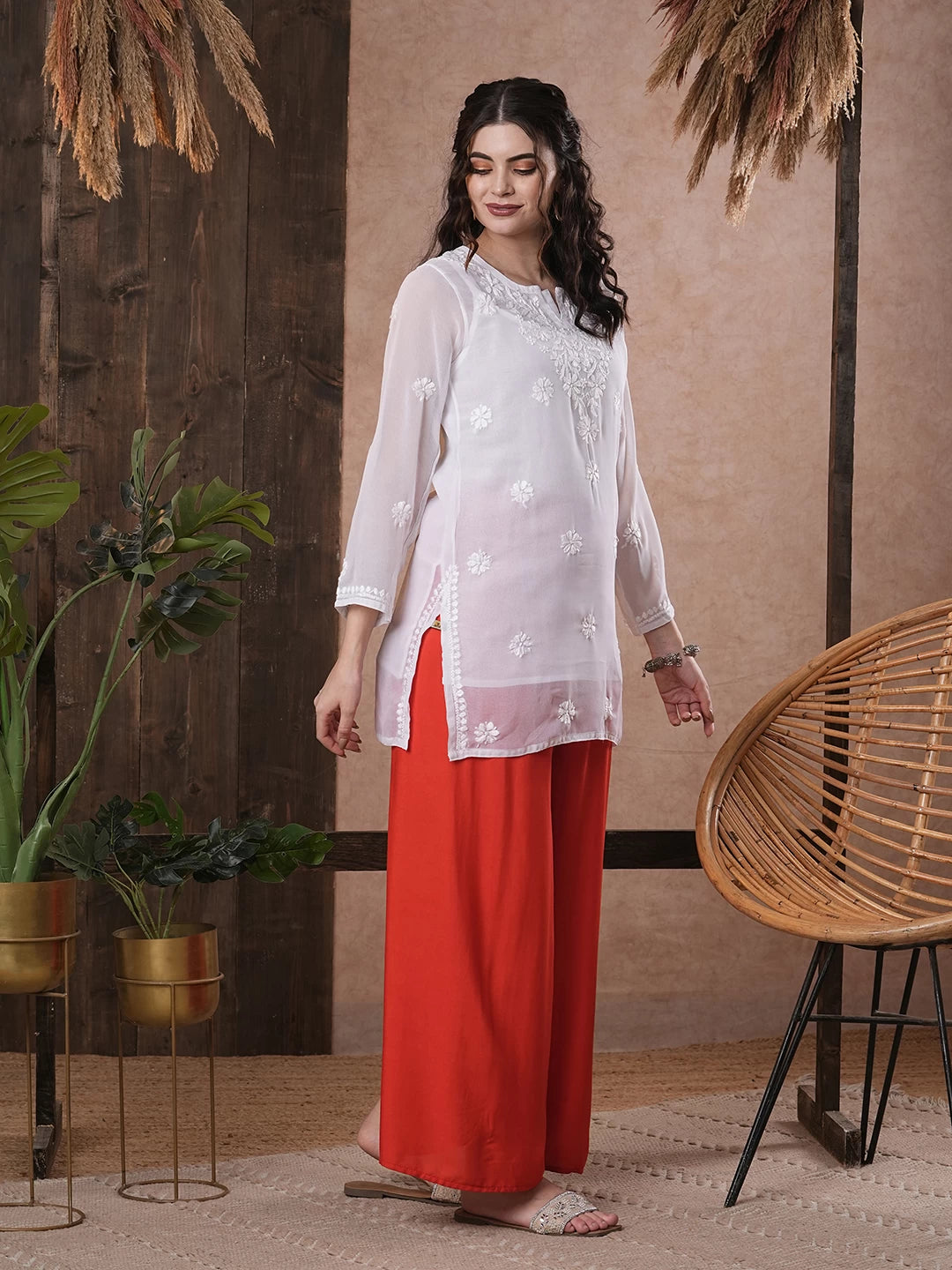 Ada Hand Embroidered White Georgette Lucknowi Chikankari Straight Kurti with Slip A911300