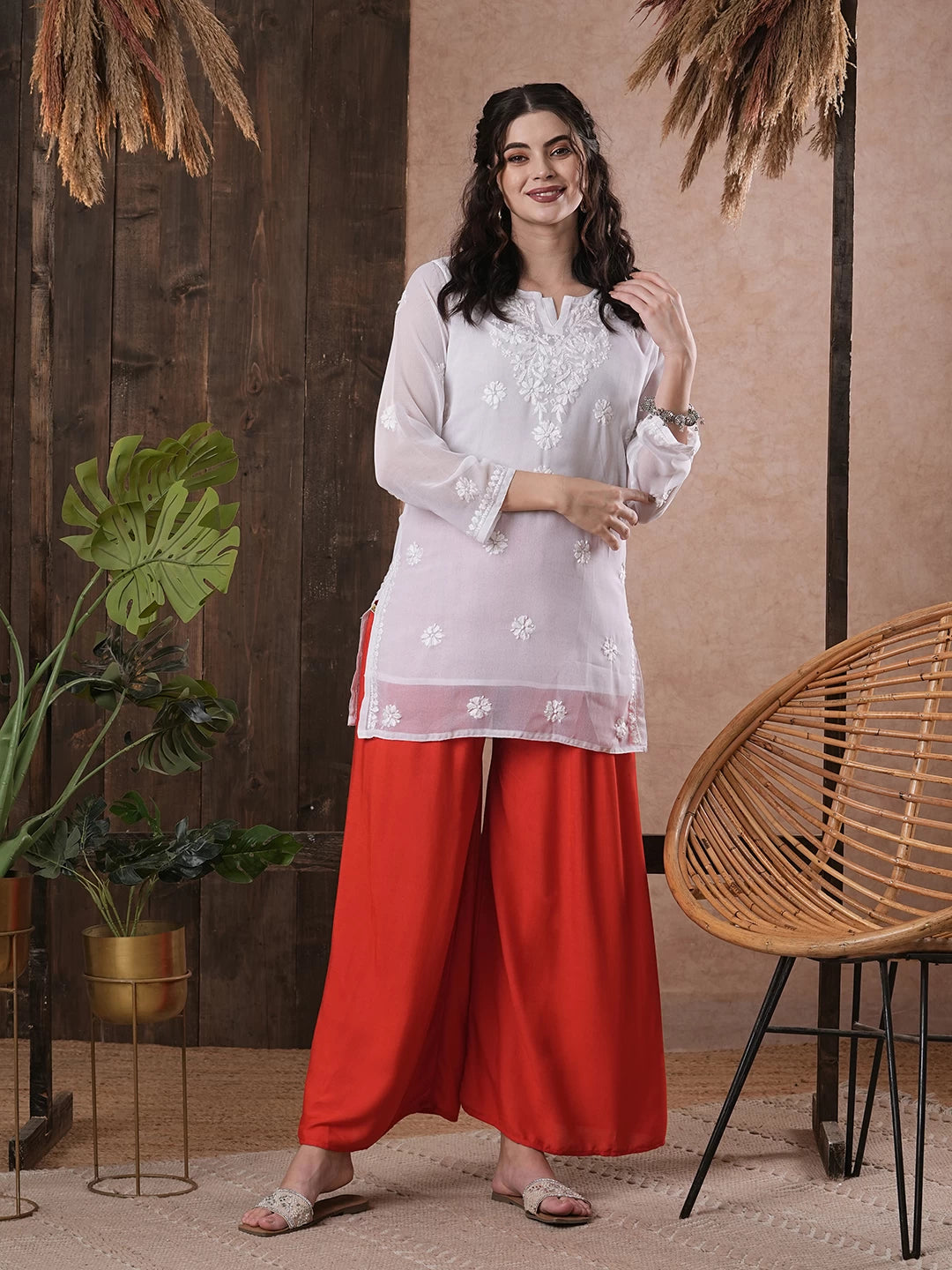 Ada Hand Embroidered White Georgette Lucknowi Chikankari Straight Kurti with Slip A911300