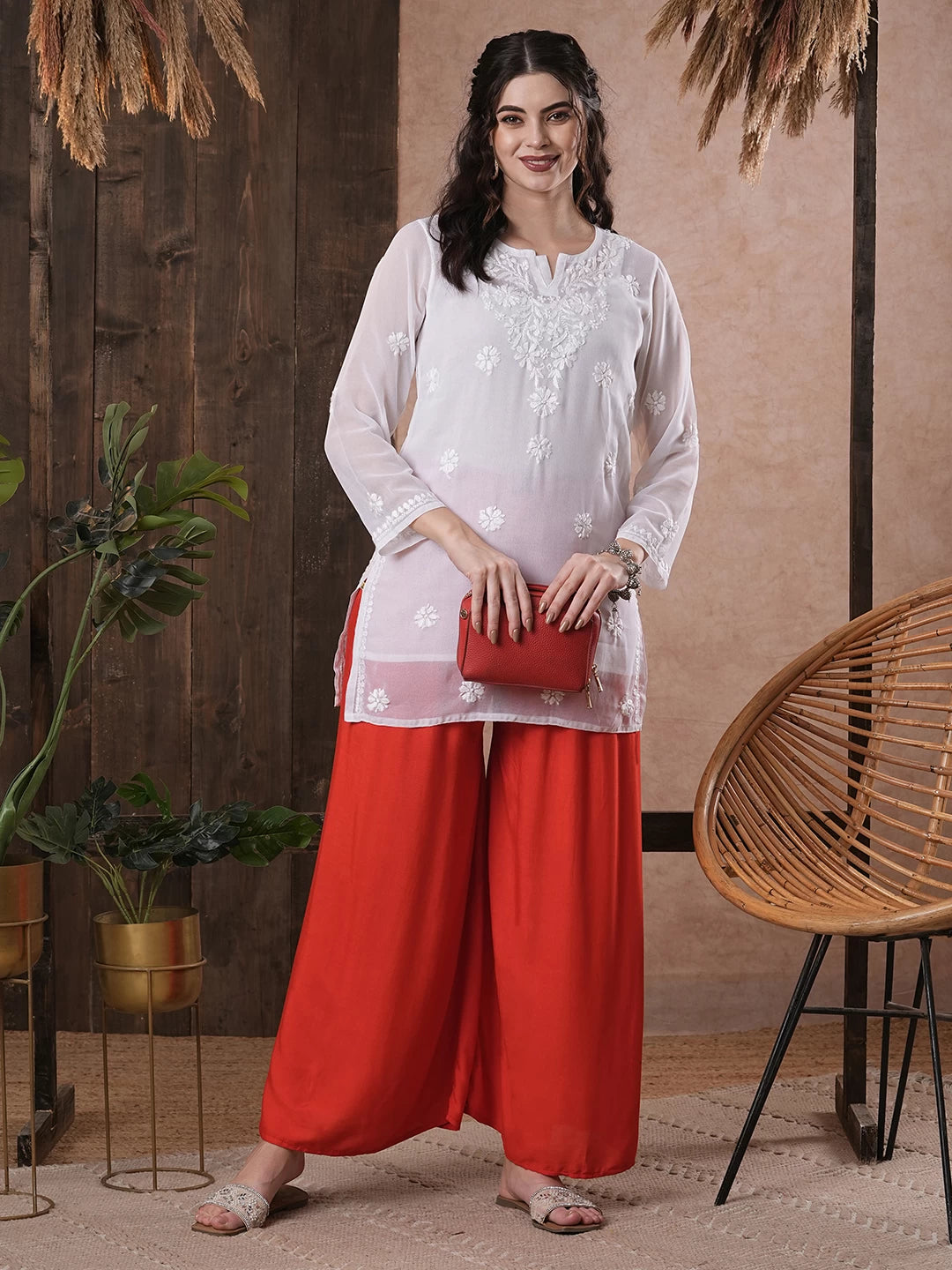 Ada Hand Embroidered White Georgette Lucknowi Chikankari Straight Kurti with Slip A911300