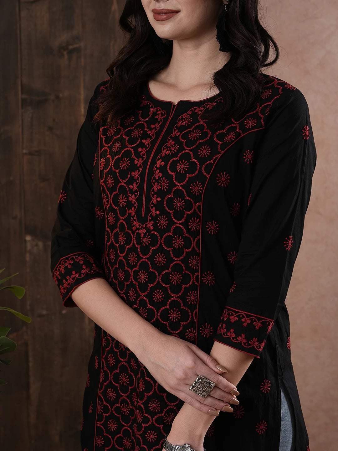 Ada Hand Embroidered Black And Maroon Cotton Lucknowi Chikankari Straight Kurti A911389