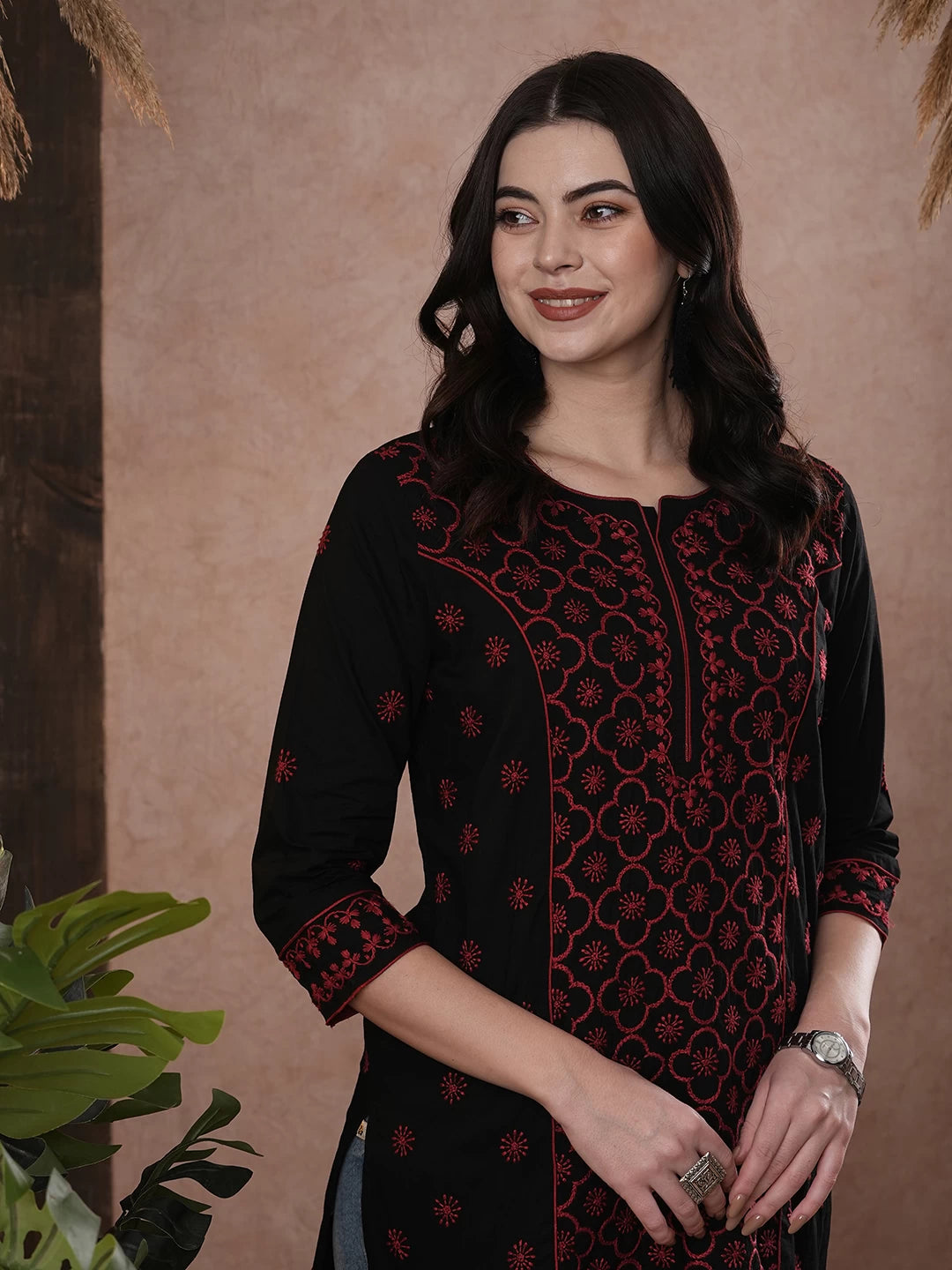 Ada Hand Embroidered Black And Maroon Cotton Lucknowi Chikankari Straight Kurti A911389