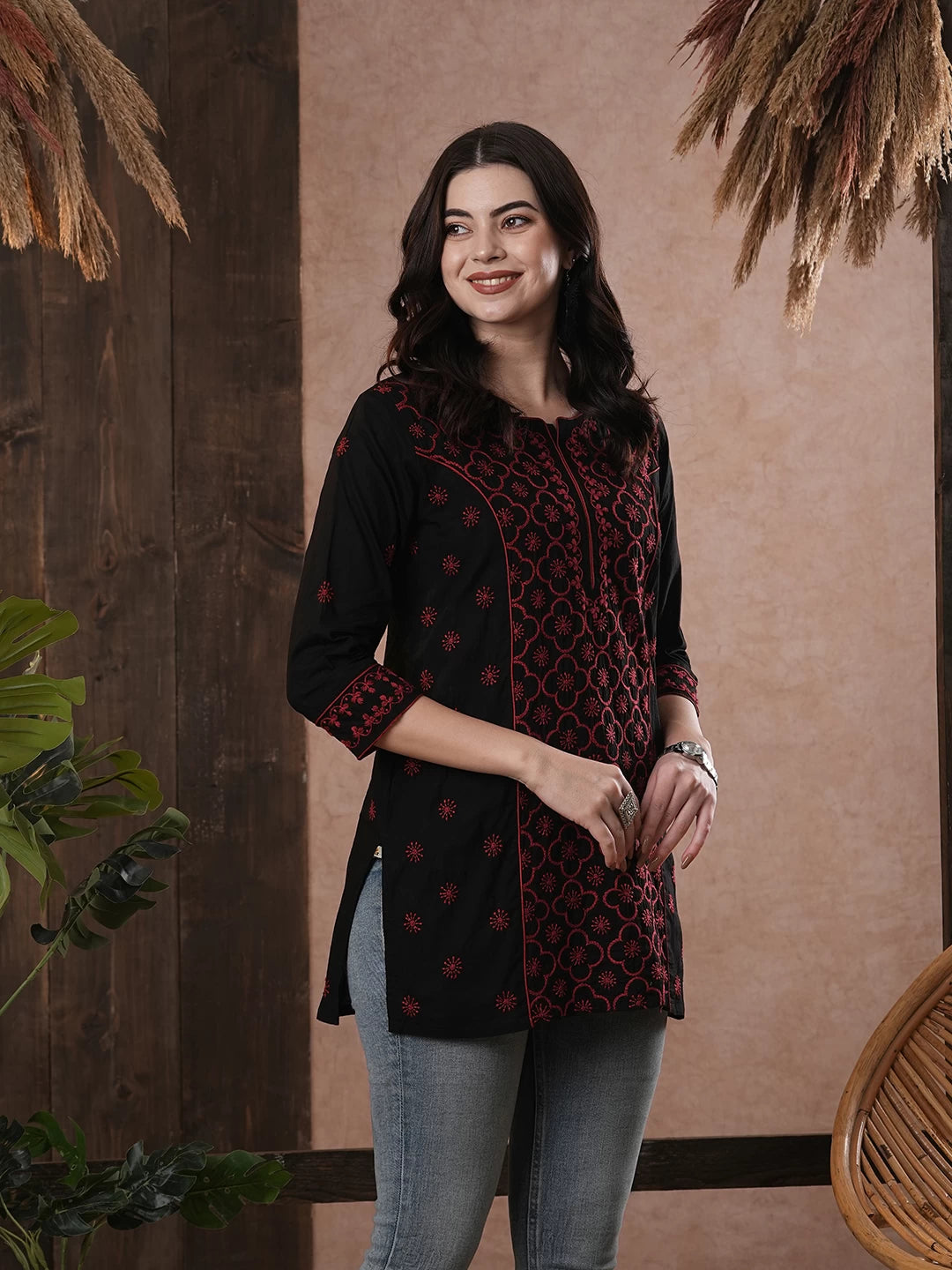 Ada Hand Embroidered Black And Maroon Cotton Lucknowi Chikankari Straight Kurti A911389