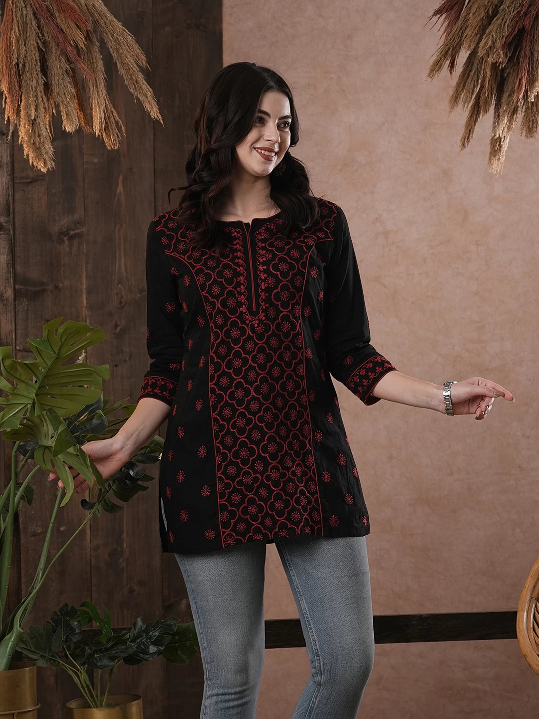 Ada Hand Embroidered Black And Maroon Cotton Lucknowi Chikankari Straight Kurti A911389