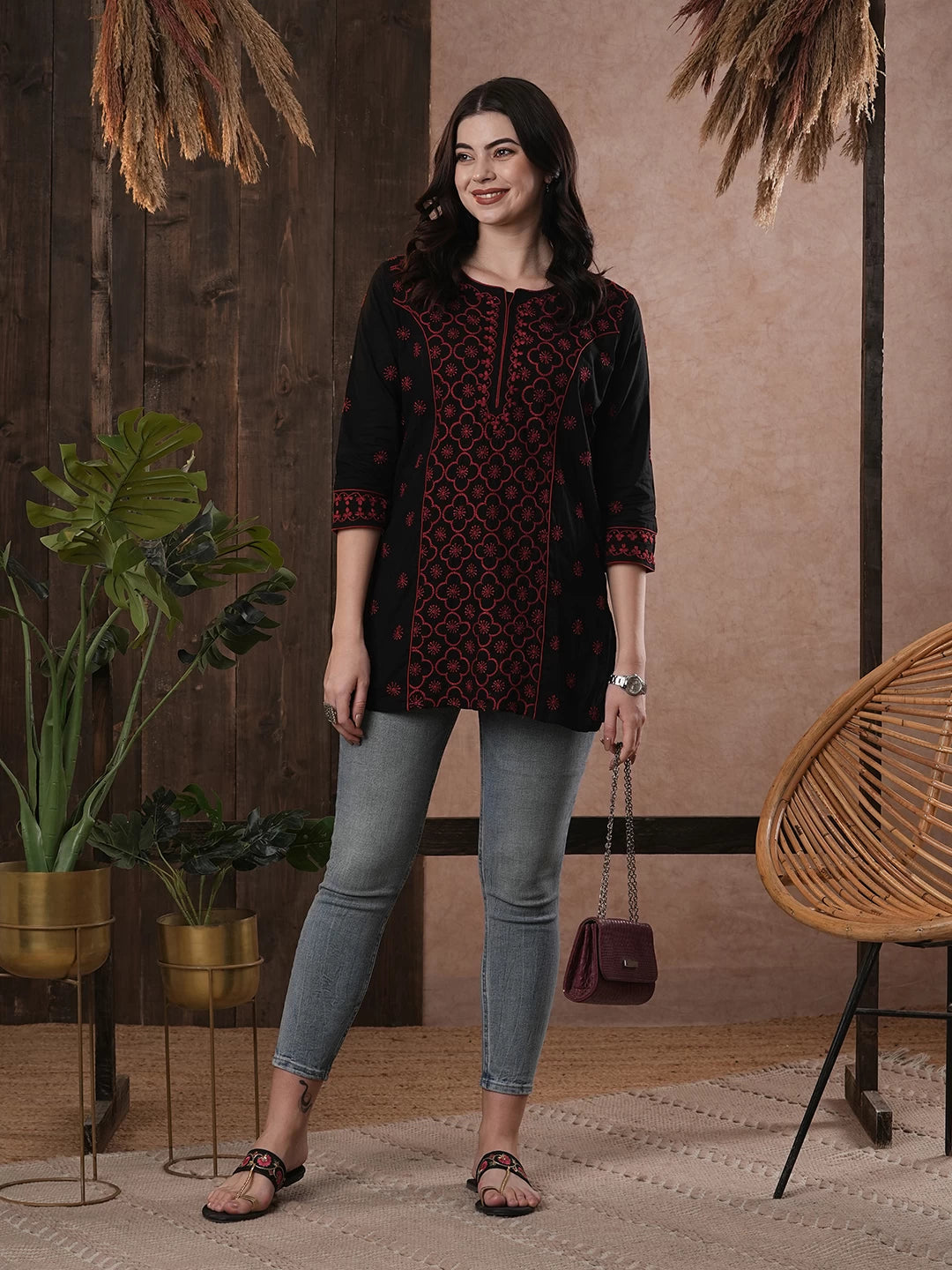 Ada Hand Embroidered Black And Maroon Cotton Lucknowi Chikankari Straight Kurti A911389