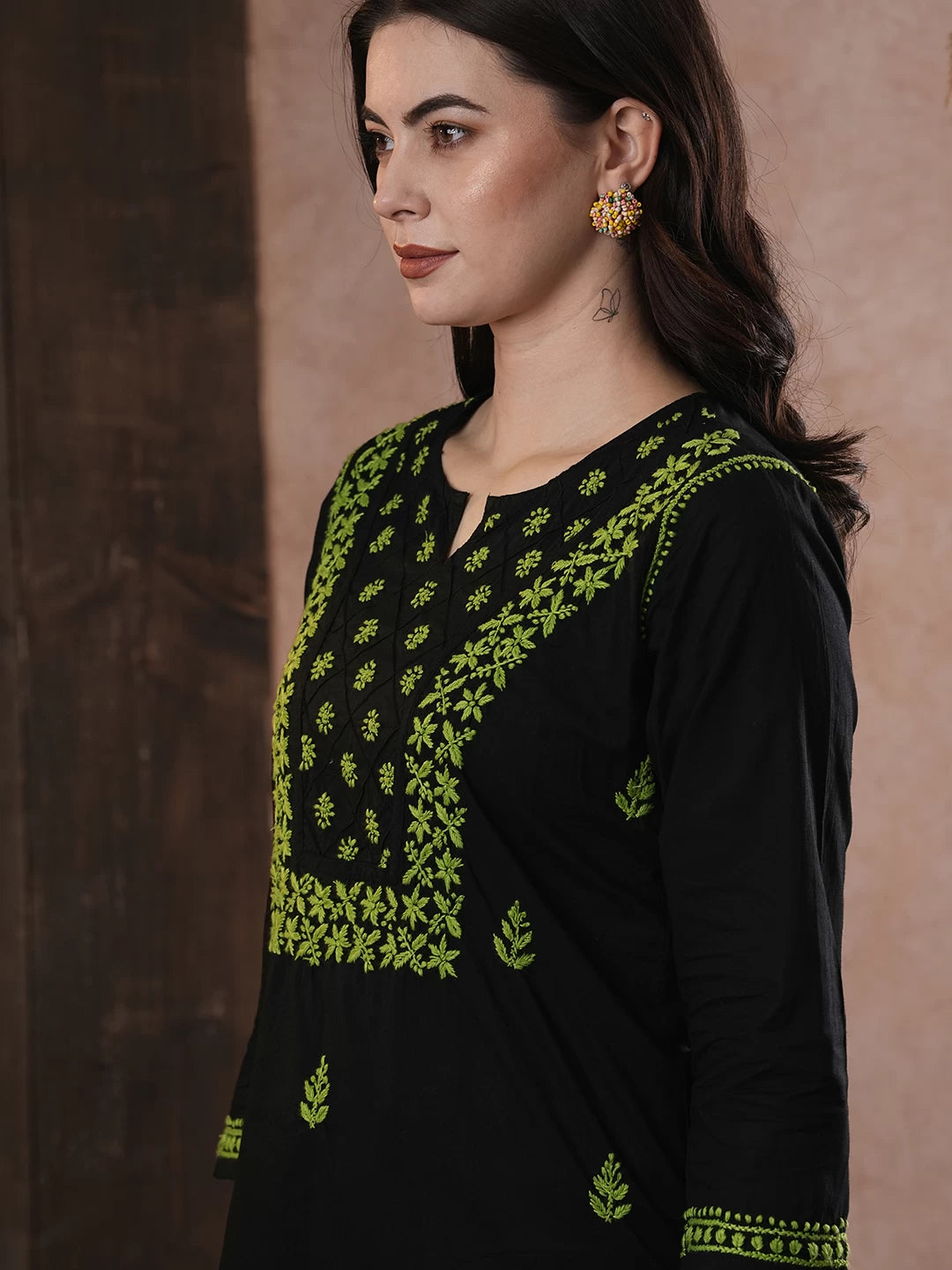 Ada Hand Embroidered Black Cotton Lucknowi Chikankari Straight Kurti A100555