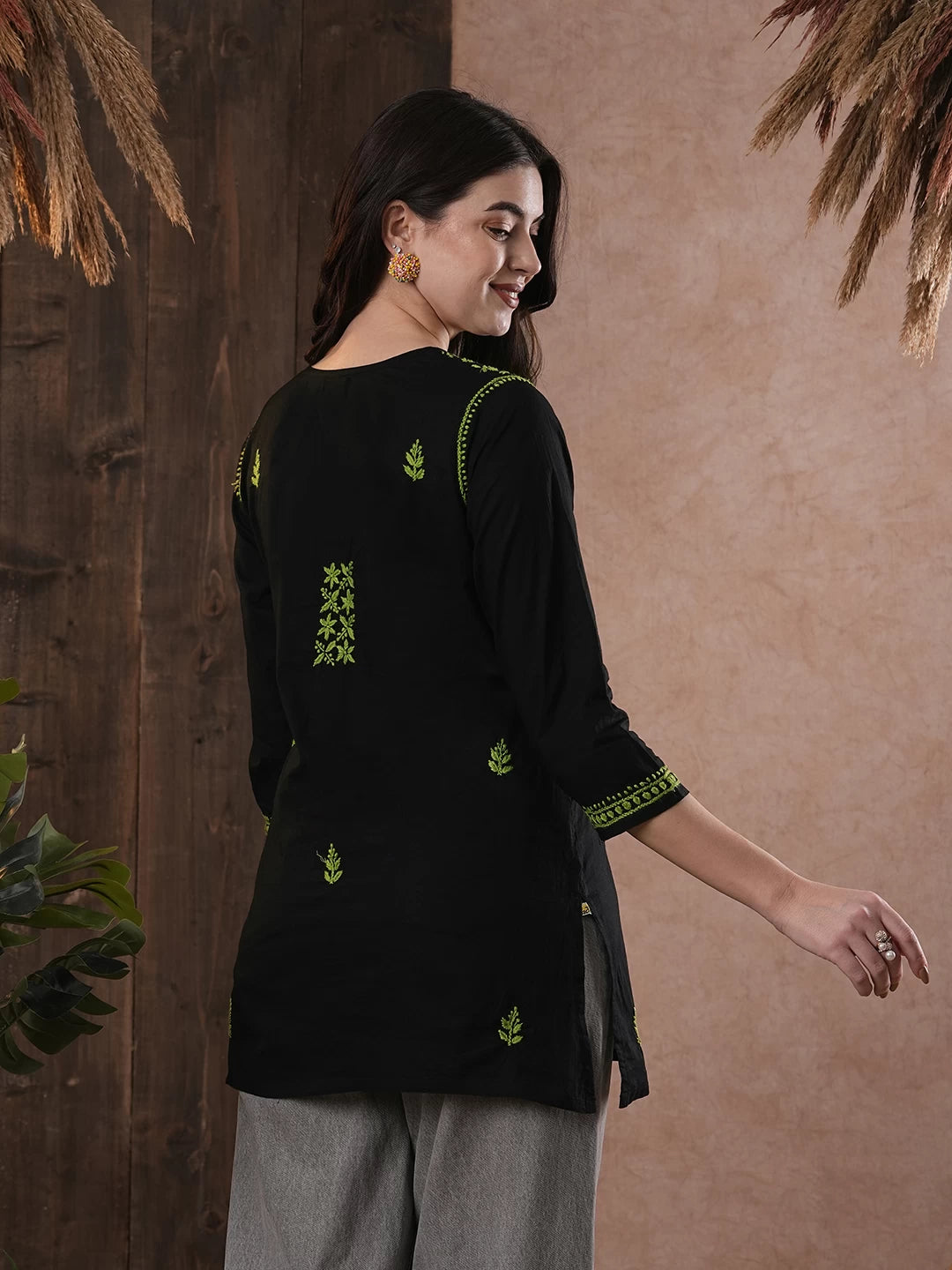 Ada Hand Embroidered Black Cotton Lucknowi Chikankari Straight Kurti A100555