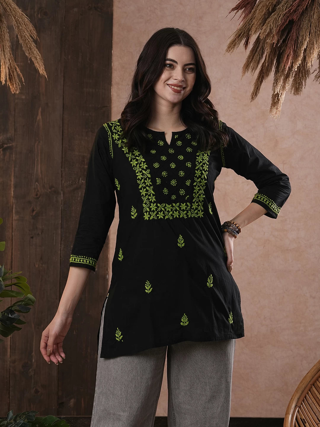 Ada Hand Embroidered Black Cotton Lucknowi Chikankari Straight Kurti A100555