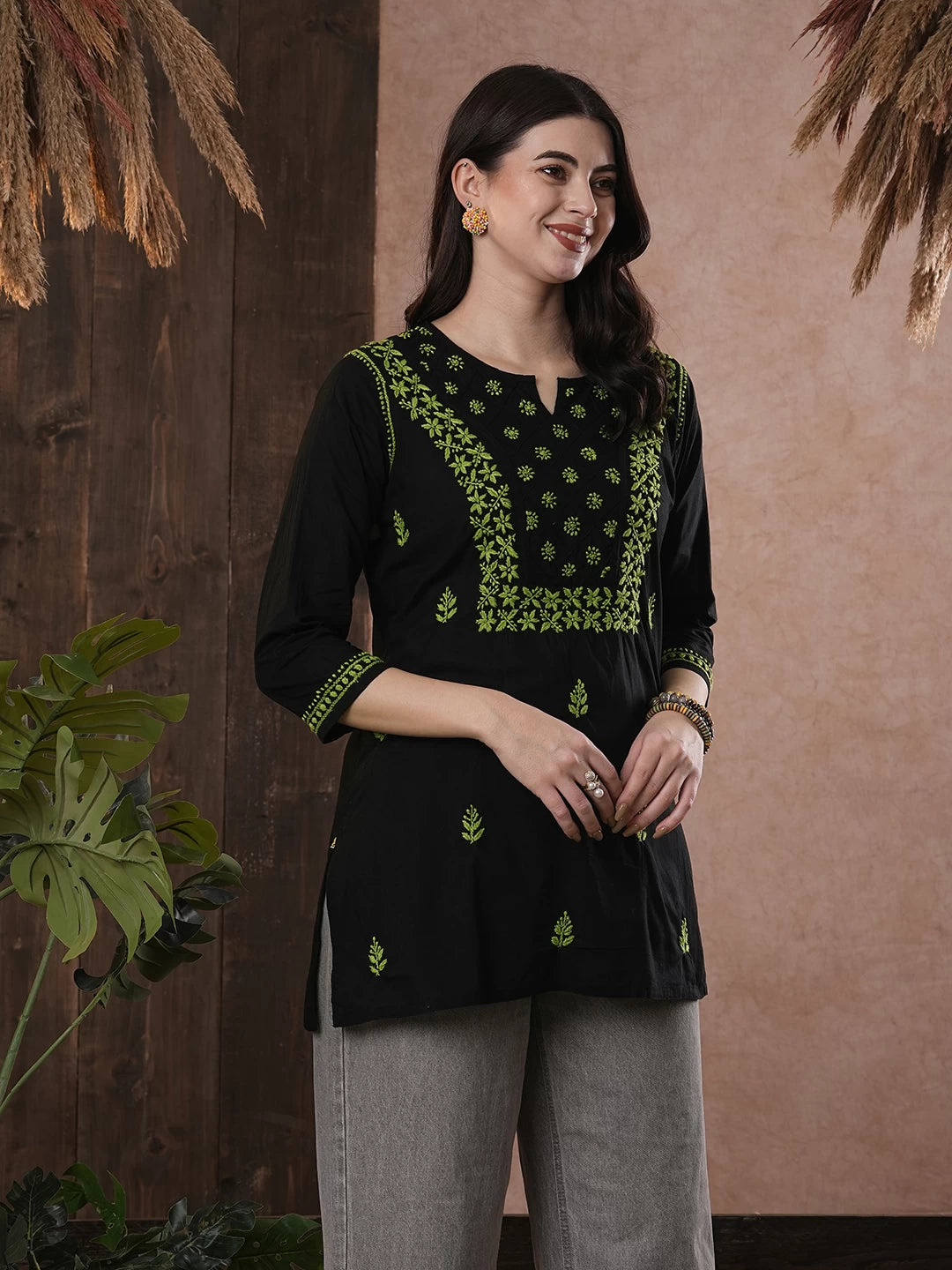 Ada Hand Embroidered Black Cotton Lucknowi Chikankari Straight Kurti A100555