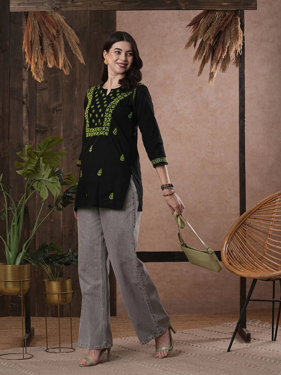 Ada Hand Embroidered Black Cotton Lucknowi Chikankari Straight Kurti A100555