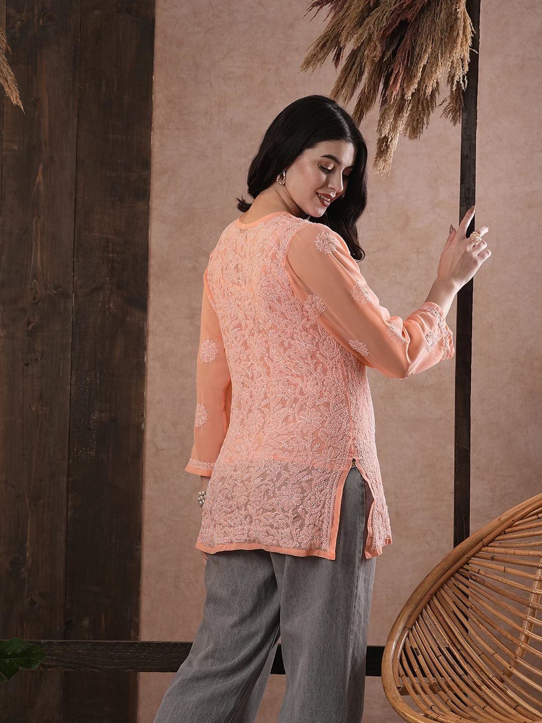 Ada Hand Embroidered Peach Georgette Lucknowi Chikankari Short Kurti A911228